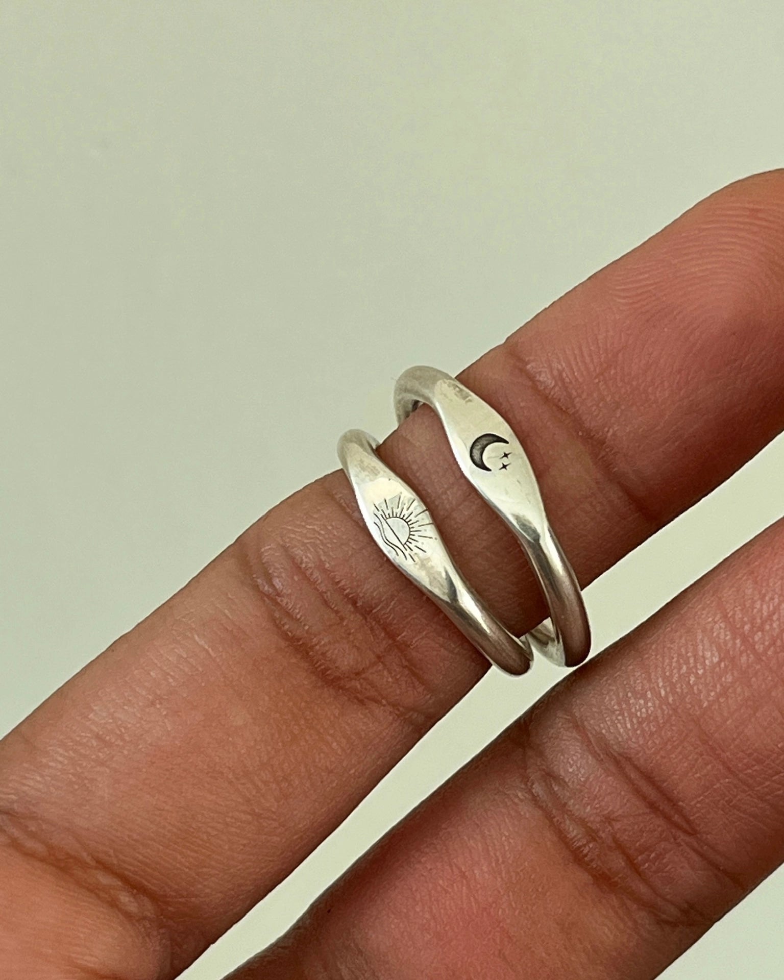 Silver Moon and Sunset engraved signet rings handmade by A Creator's Studio