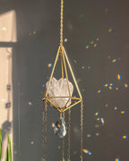 Clear Quartz Crystal sun catcher with a clear quartz cluster in a 3d wired frame and glass crystal drops, handmade by A Creator's Studio