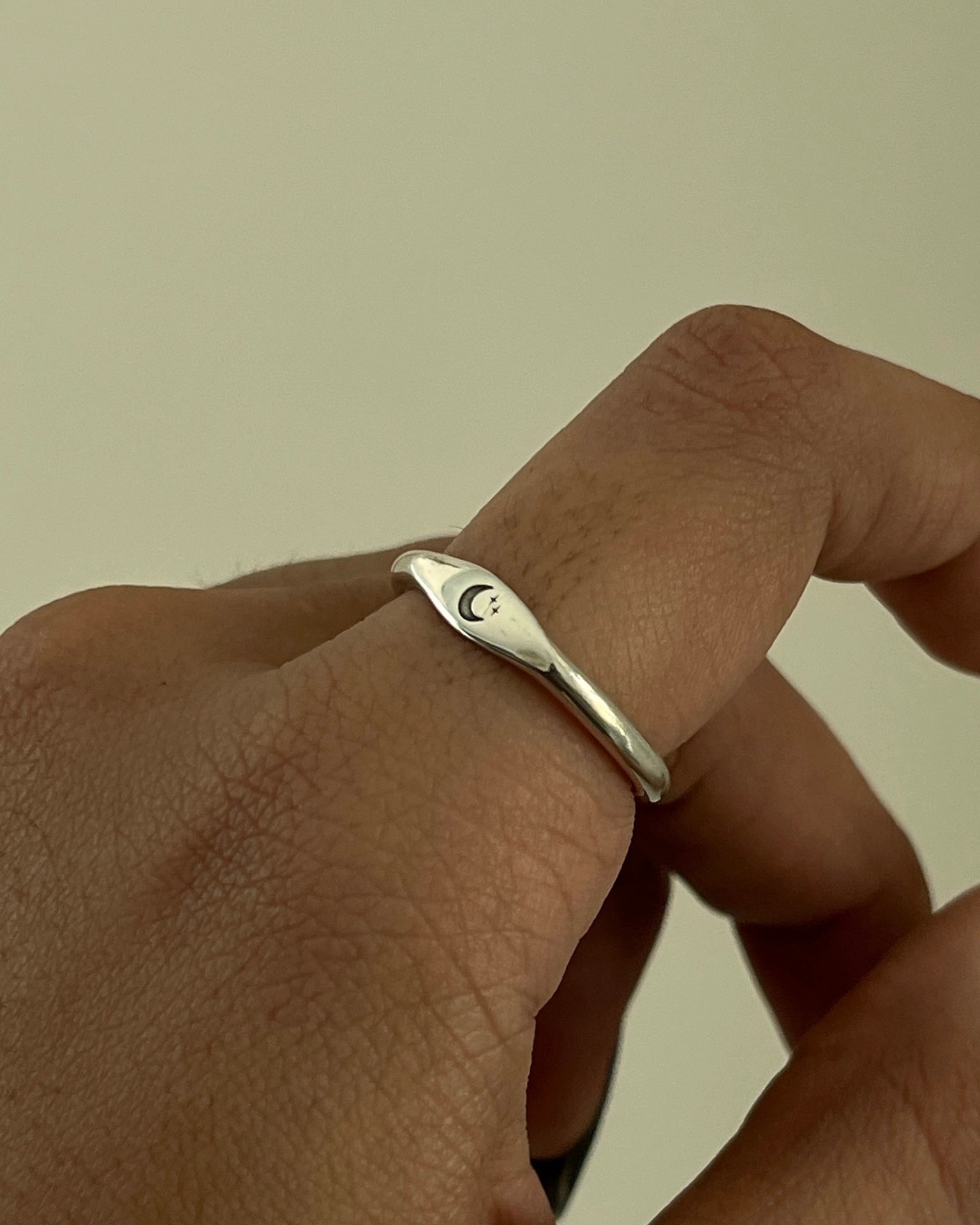 Silver Moon and Sunset engraved signet rings handmade by A Creator's Studio