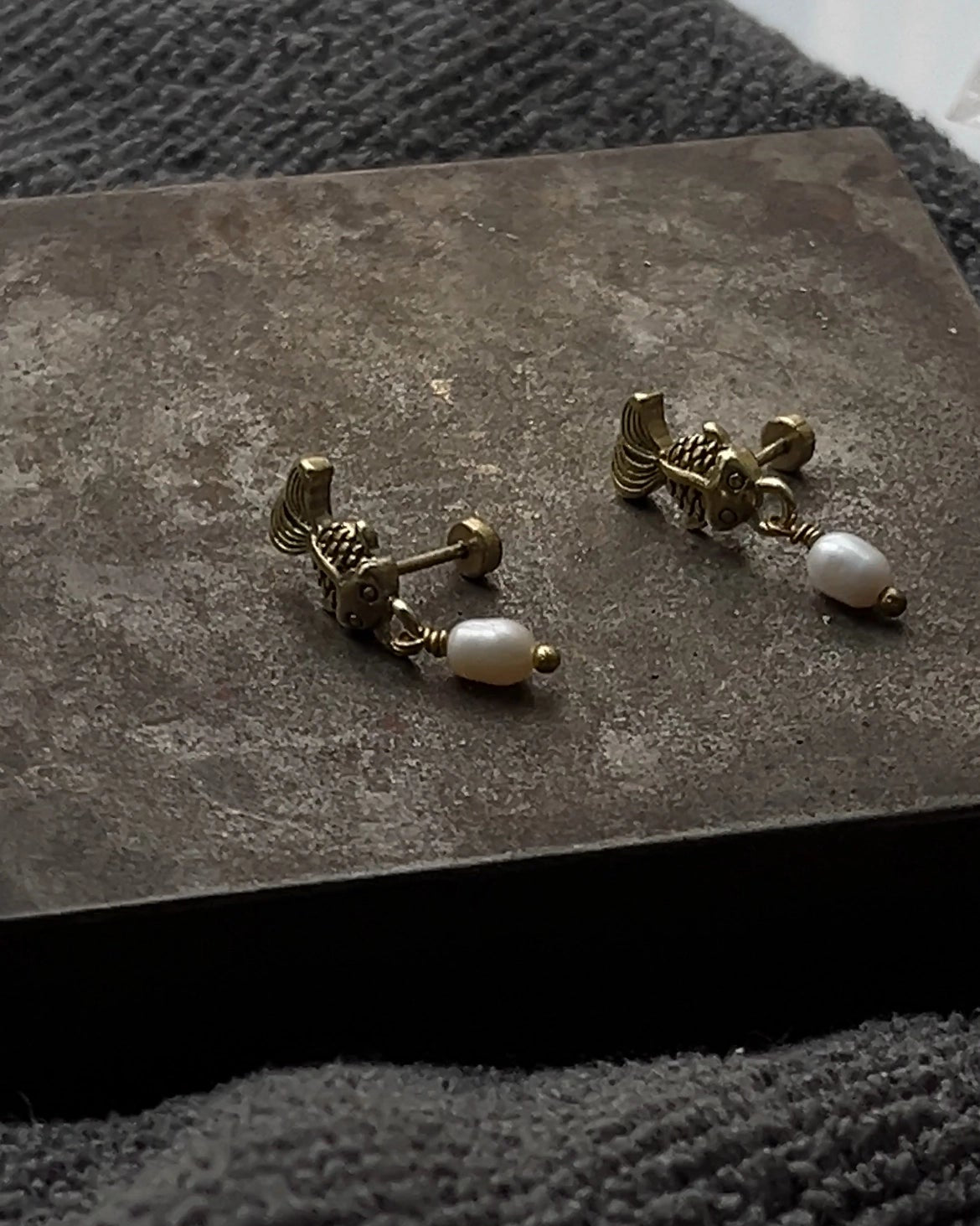 Brass Earrings with unique fish design and  pearl handmade by a creator's studio