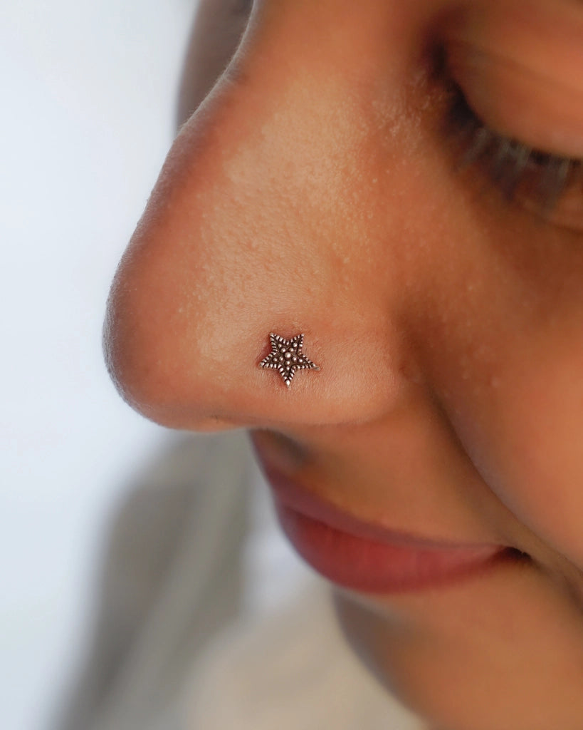Silver oxidised star nose ring for pierced nose handmade by A Creator's Studio
