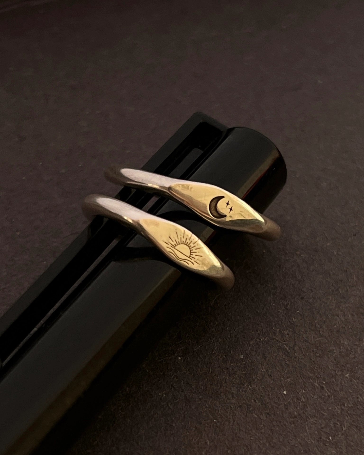 Silver Moon and Sunset engraved signet rings handmade by A Creator's Studio