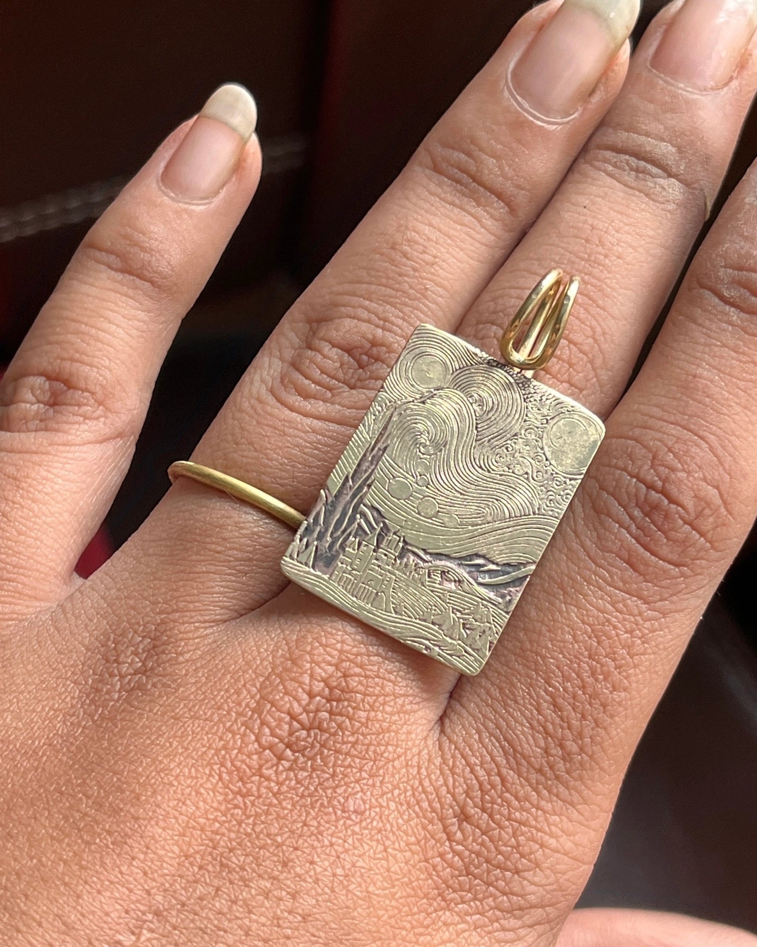 The Starry Night by Vincent Van Gogh inspired Brass necklace with an engraved rectangular pendant handmade by A Creator's Studio