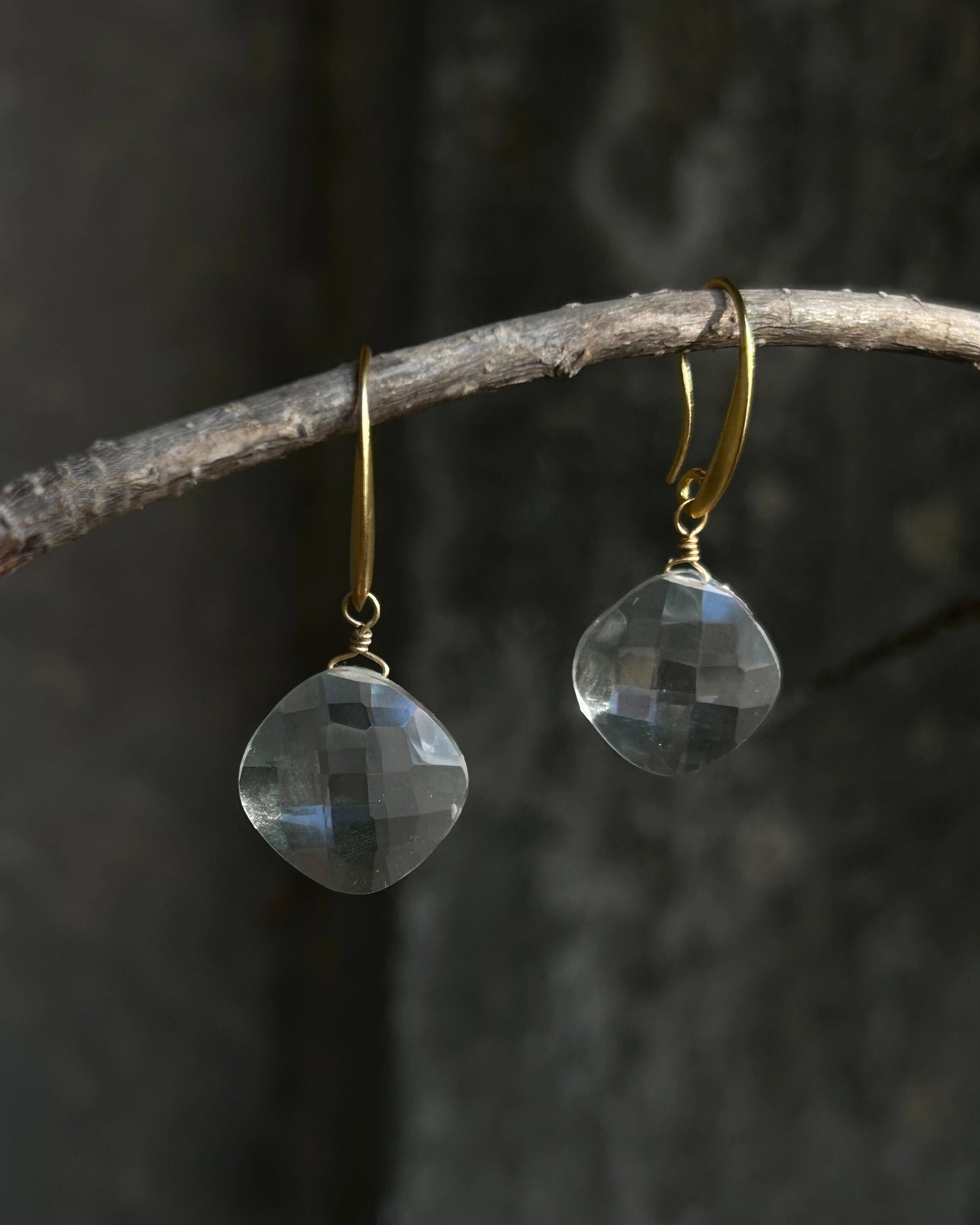 Gold Plated Clear quartz faceted drop earrings handmade by A Creator's Studio