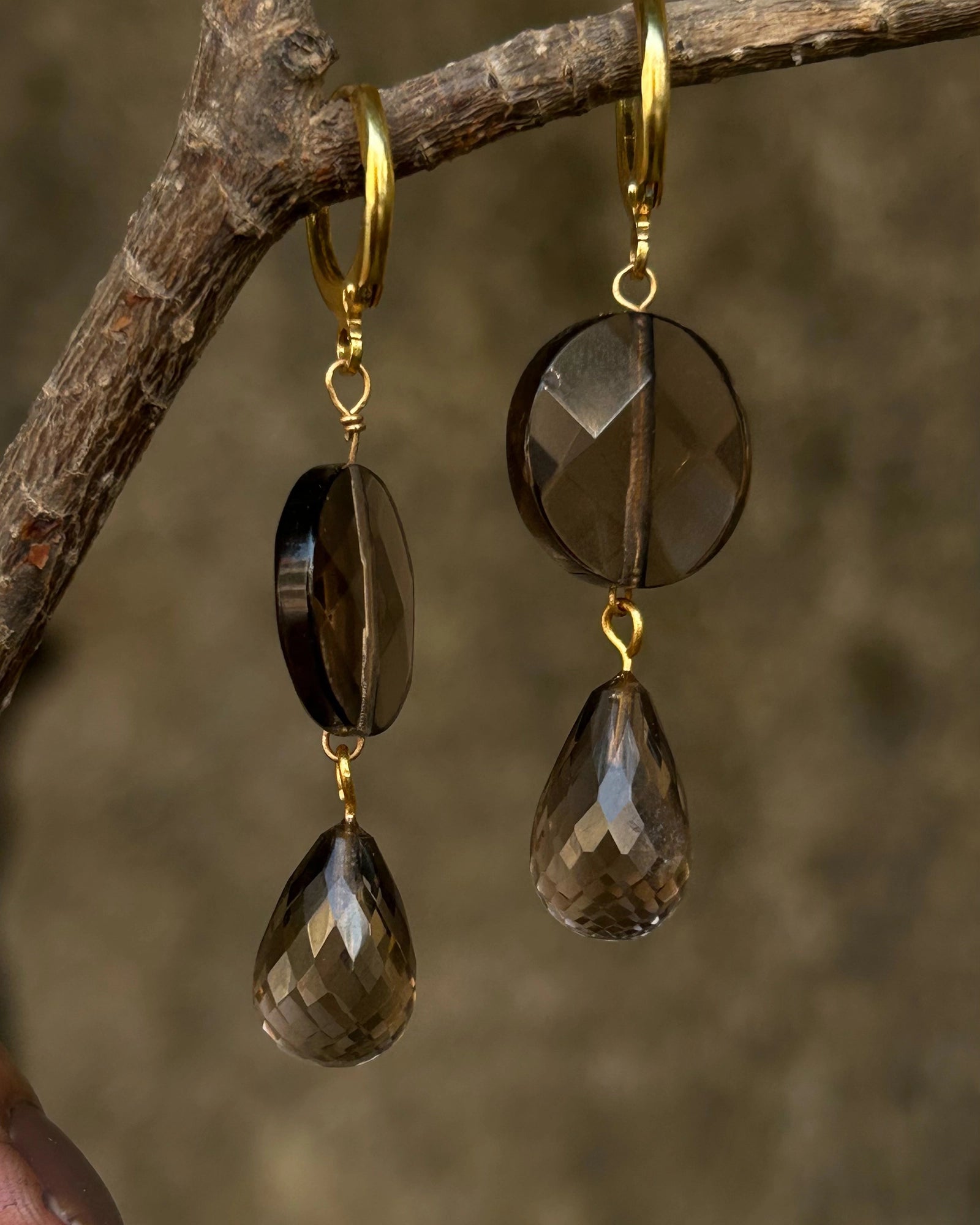 Gold plated smoky quartz earrings with a smoky quartz drop handmade by A Creator's Studio