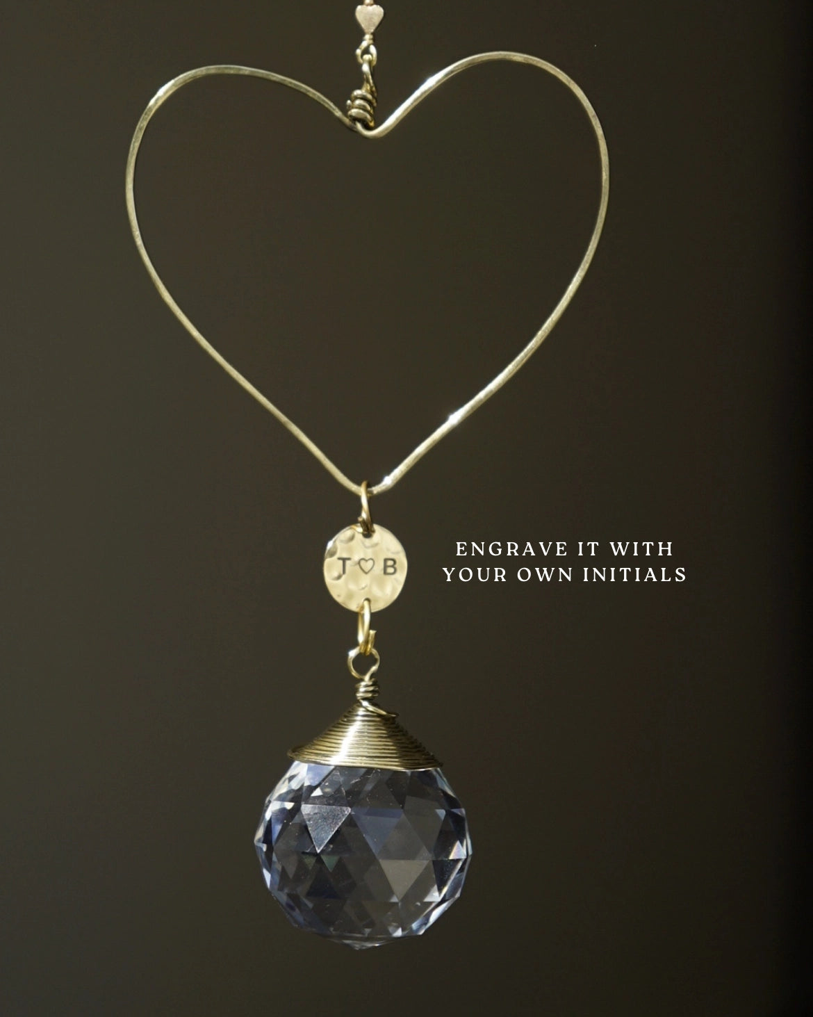 Wired heart suncatcher with clear crystals and engraving handmade by A Creator's Studio