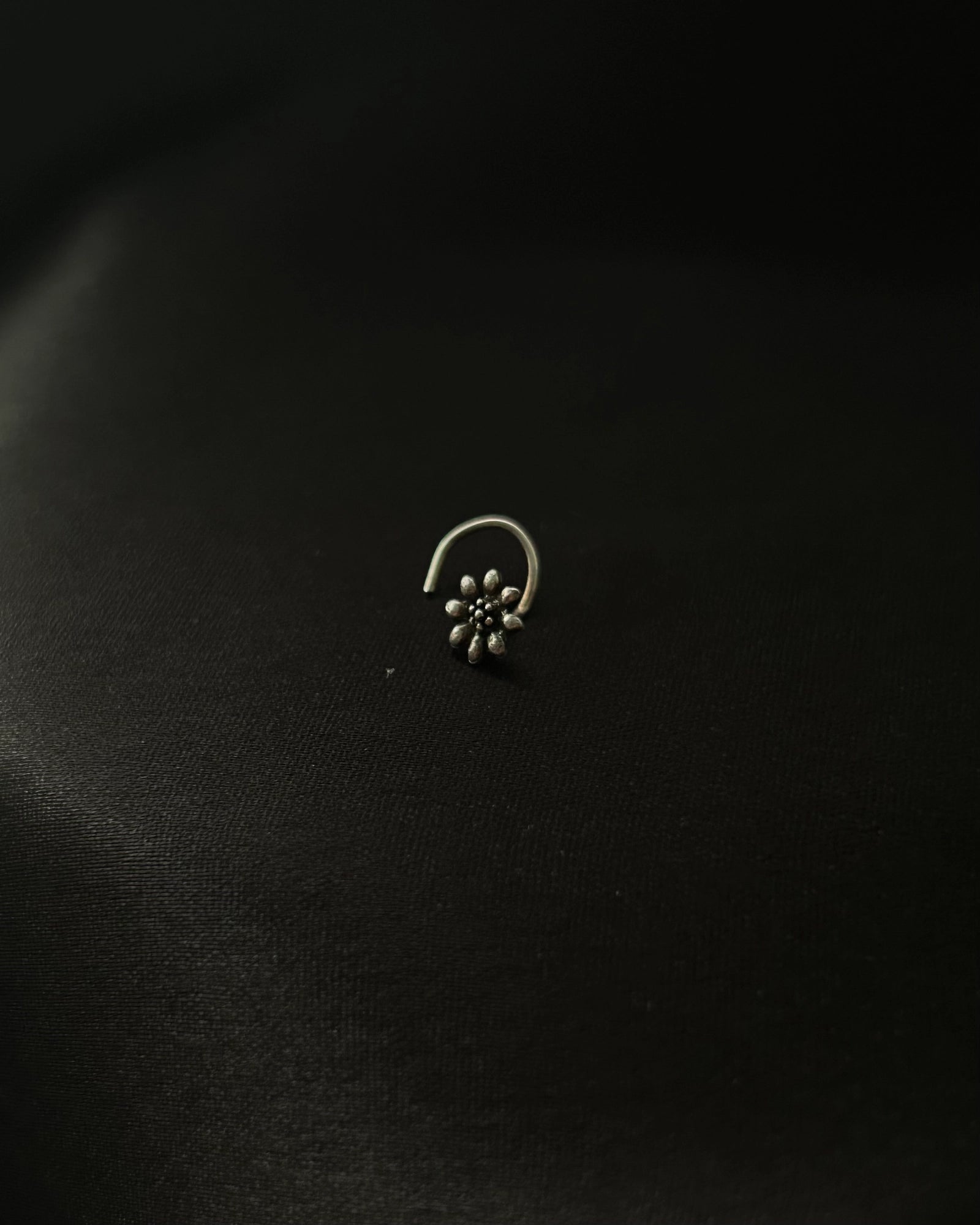 Silver oxidised flower nose ring for pierced nose handmade by A Creator's Studio