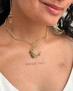Brass wired crescent moon choker with emeralds and a chain handmade by A Creator's Studio