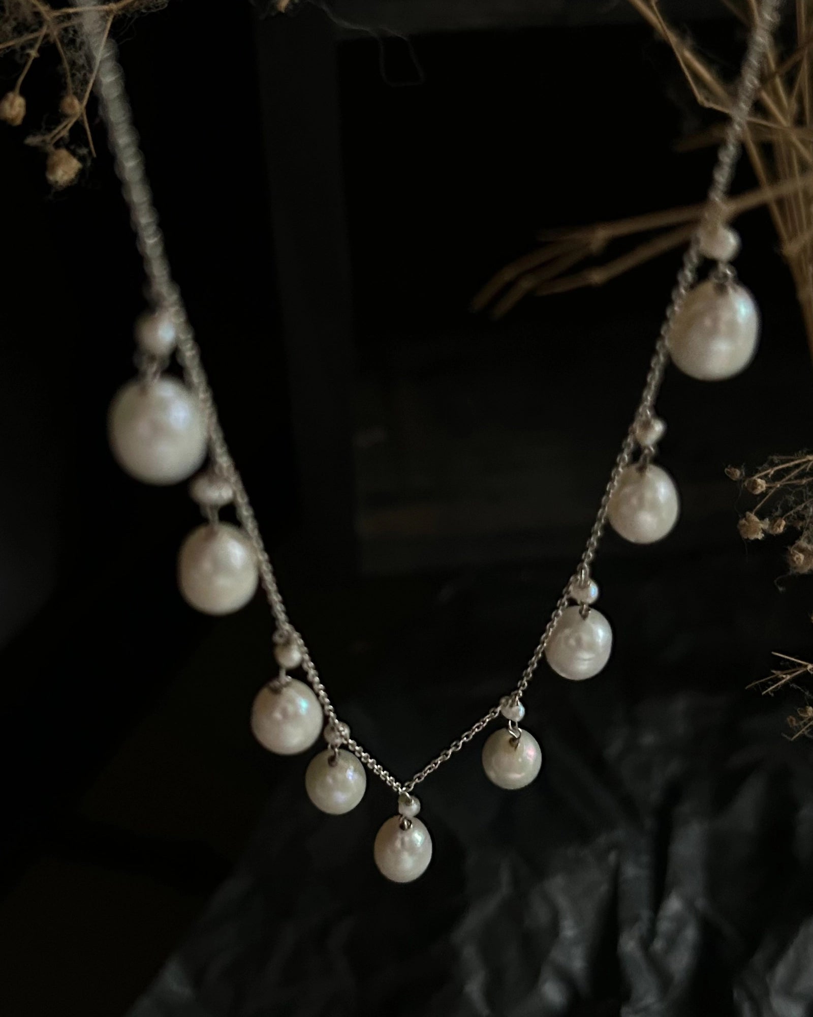 Sterling Silver pearl necklace with multiple freshwater pearl drop links handmade by A Creator's Studio