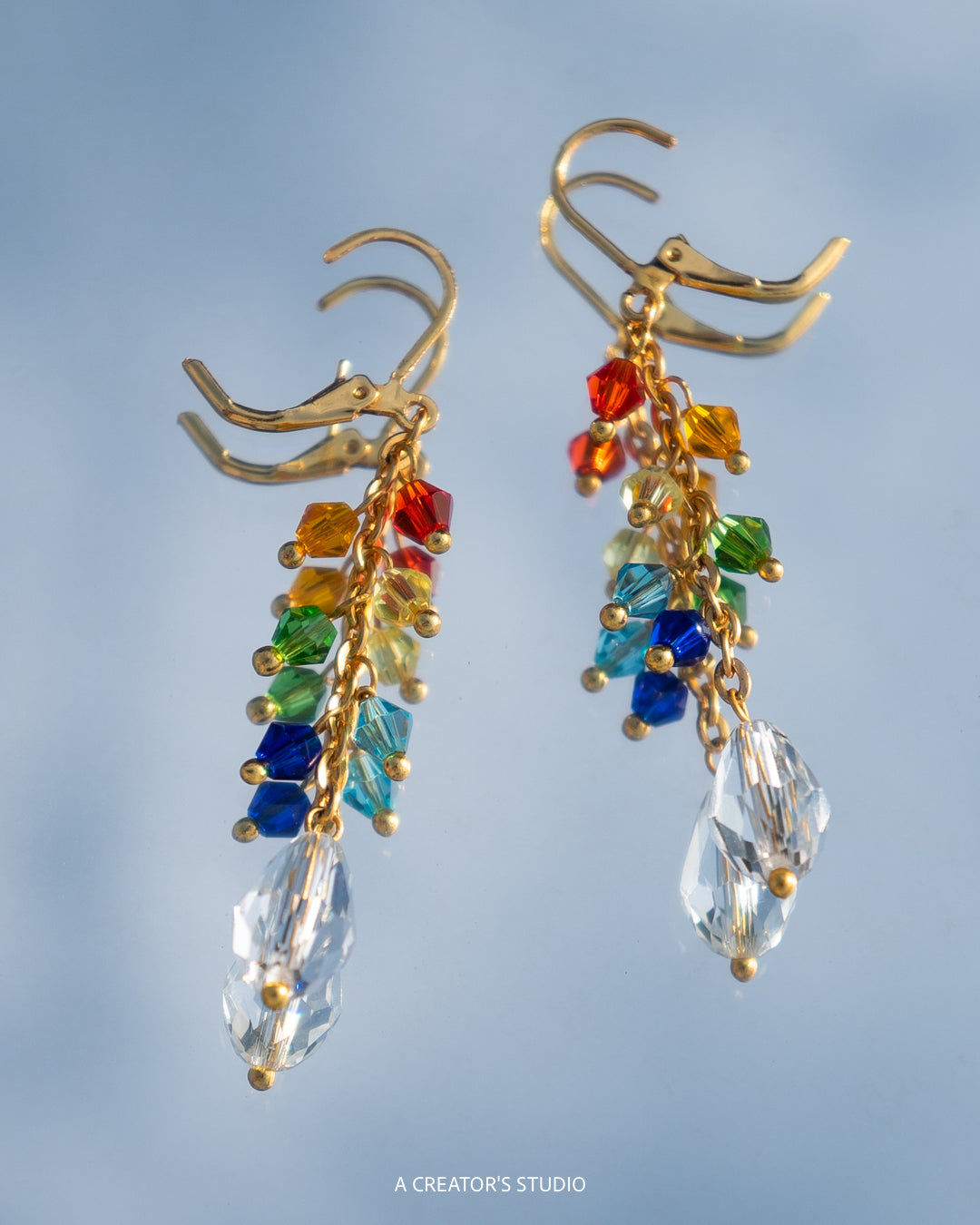Dainty Gold Plated Rainbow Drop Earrings made with Rainbow coloured Glass Beads handmade by A Creator's Studio