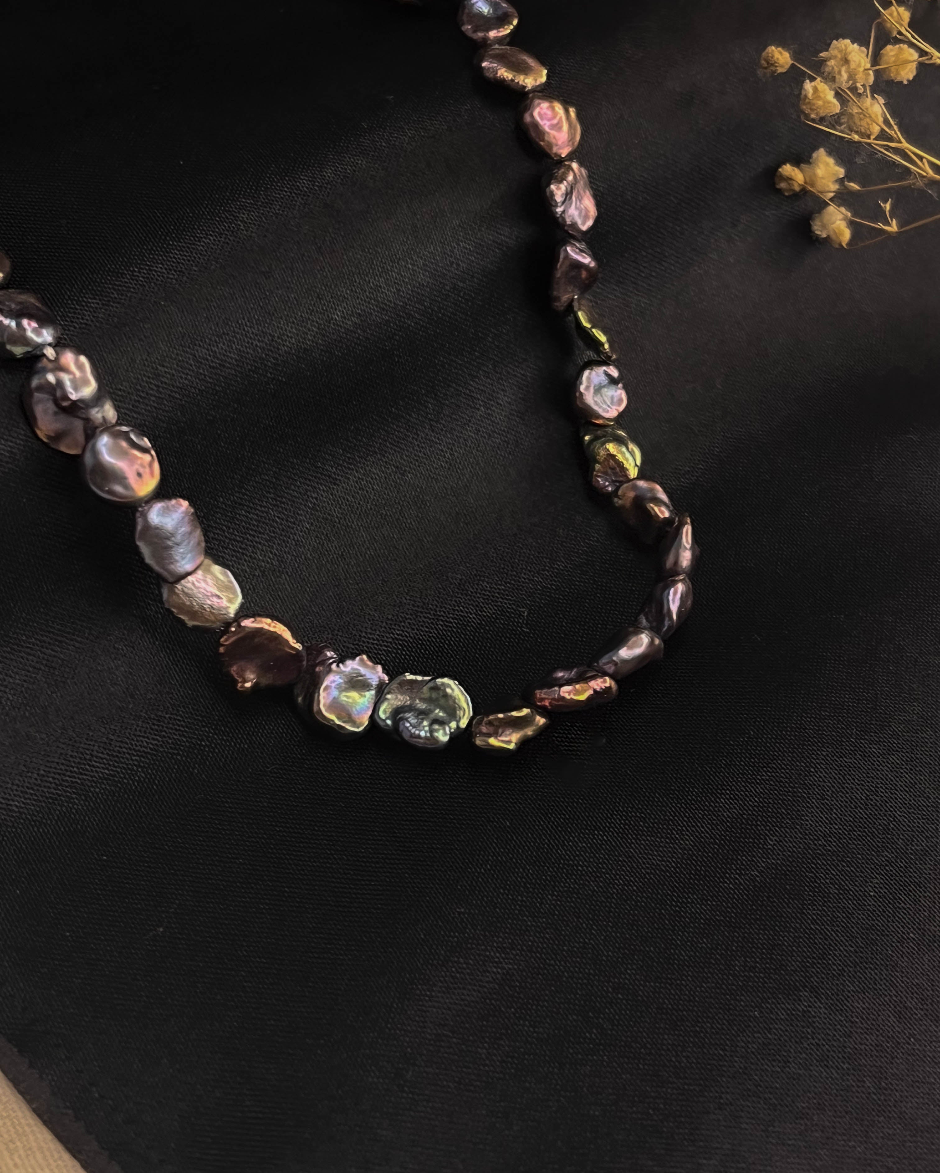 Gold Plated Black Chip Freshwater Pearl Necklace with lustrous pearls handmade by A Creator's studio