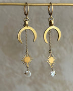 Brass earrings with unique sun and moon mystical design with pearls  handmade by A Creator's Studio