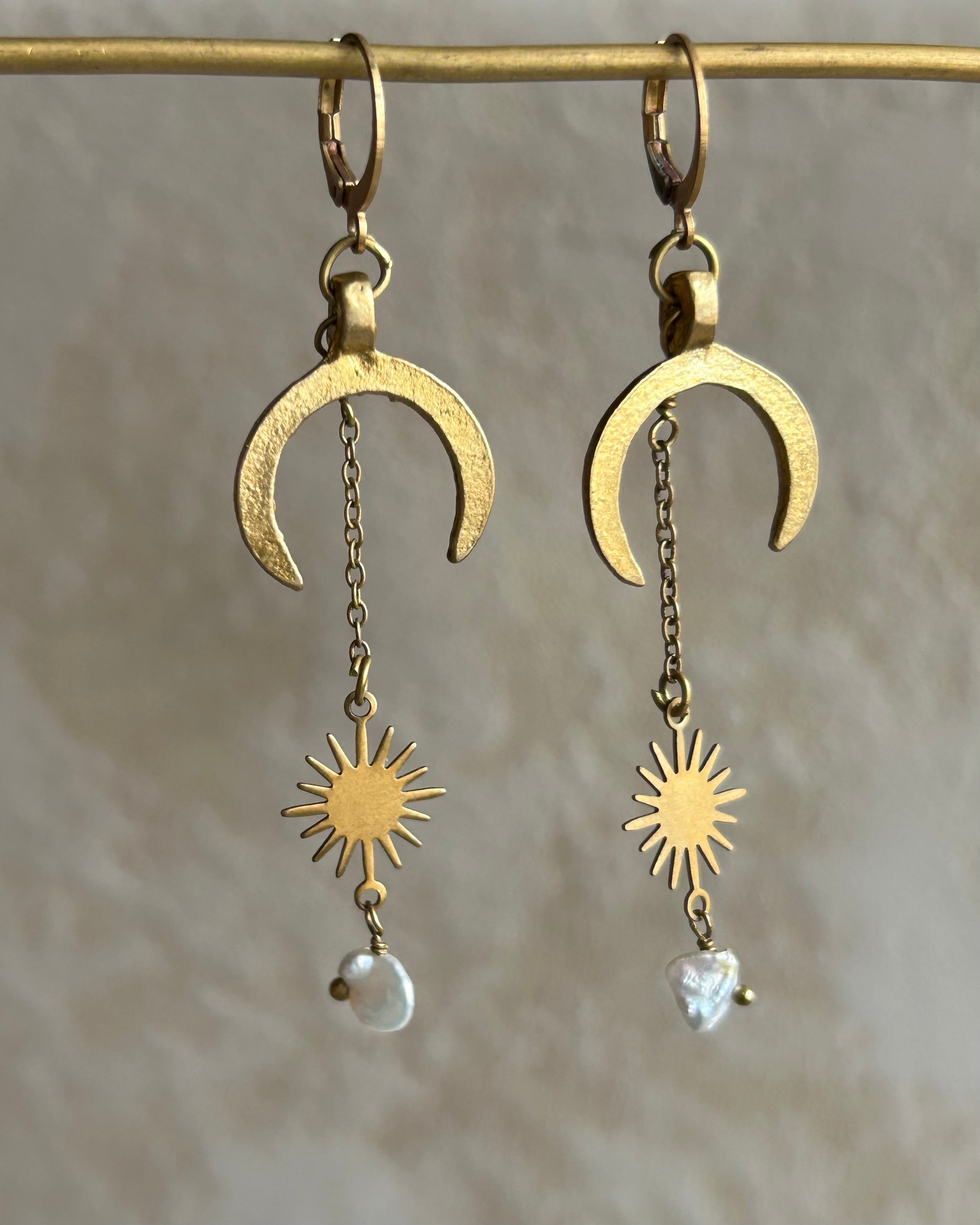 Brass earrings with unique sun and moon mystical design with pearls  handmade by A Creator's Studio