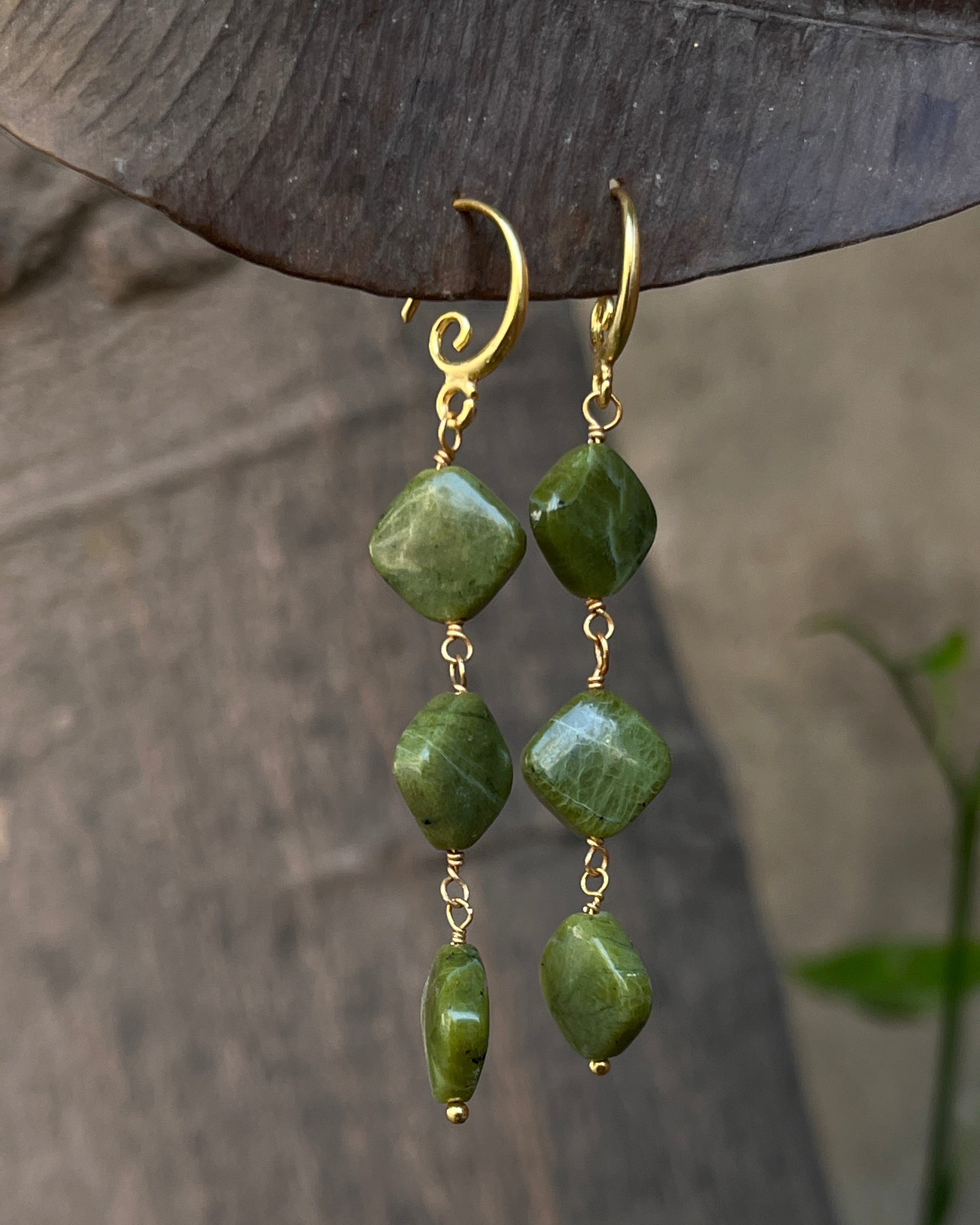 Gold Plated Jade stone Dangle Earrings handmade by A Creator's Studio