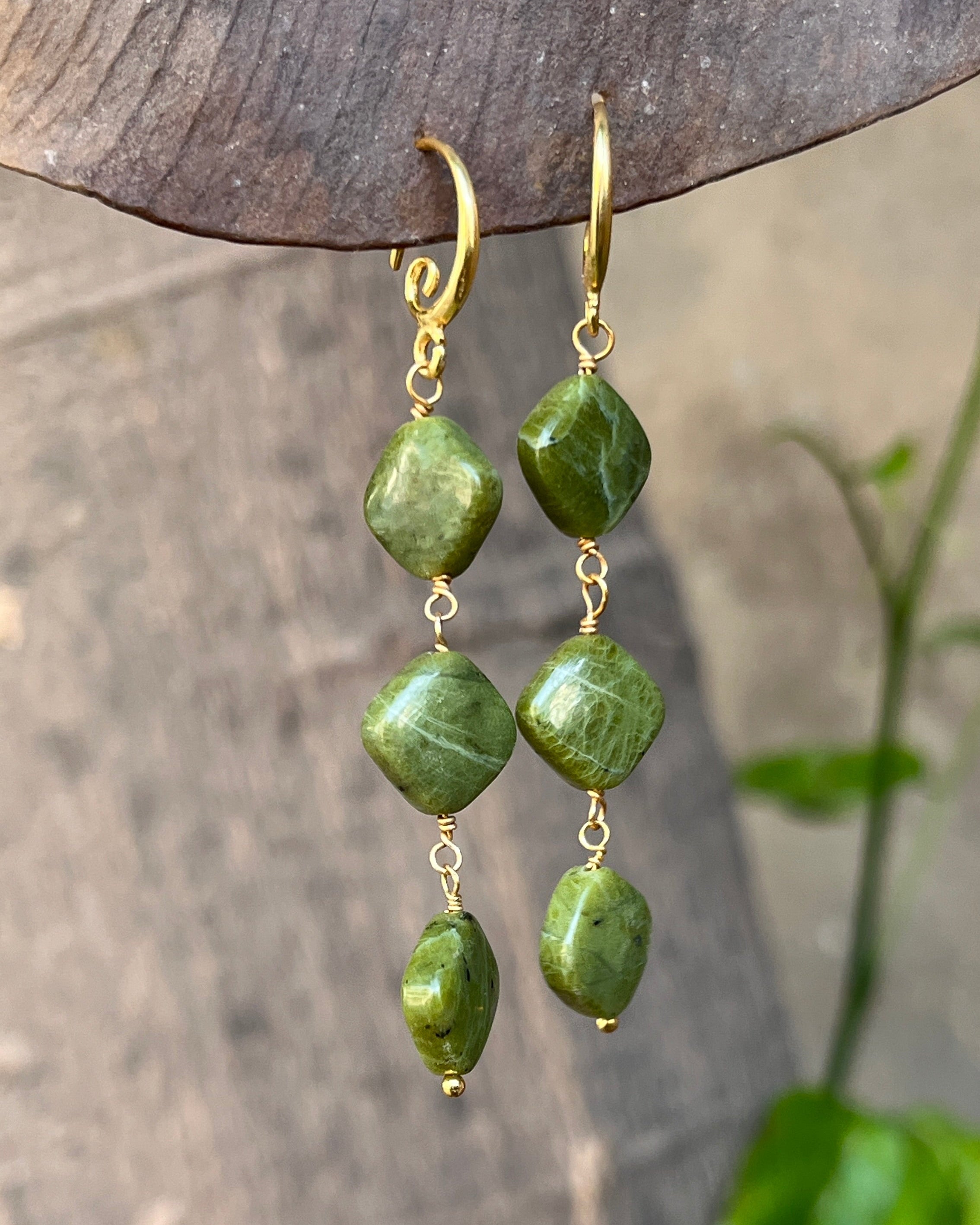 Gold Plated Jade stone Dangle Earrings handmade by A Creator's Studio