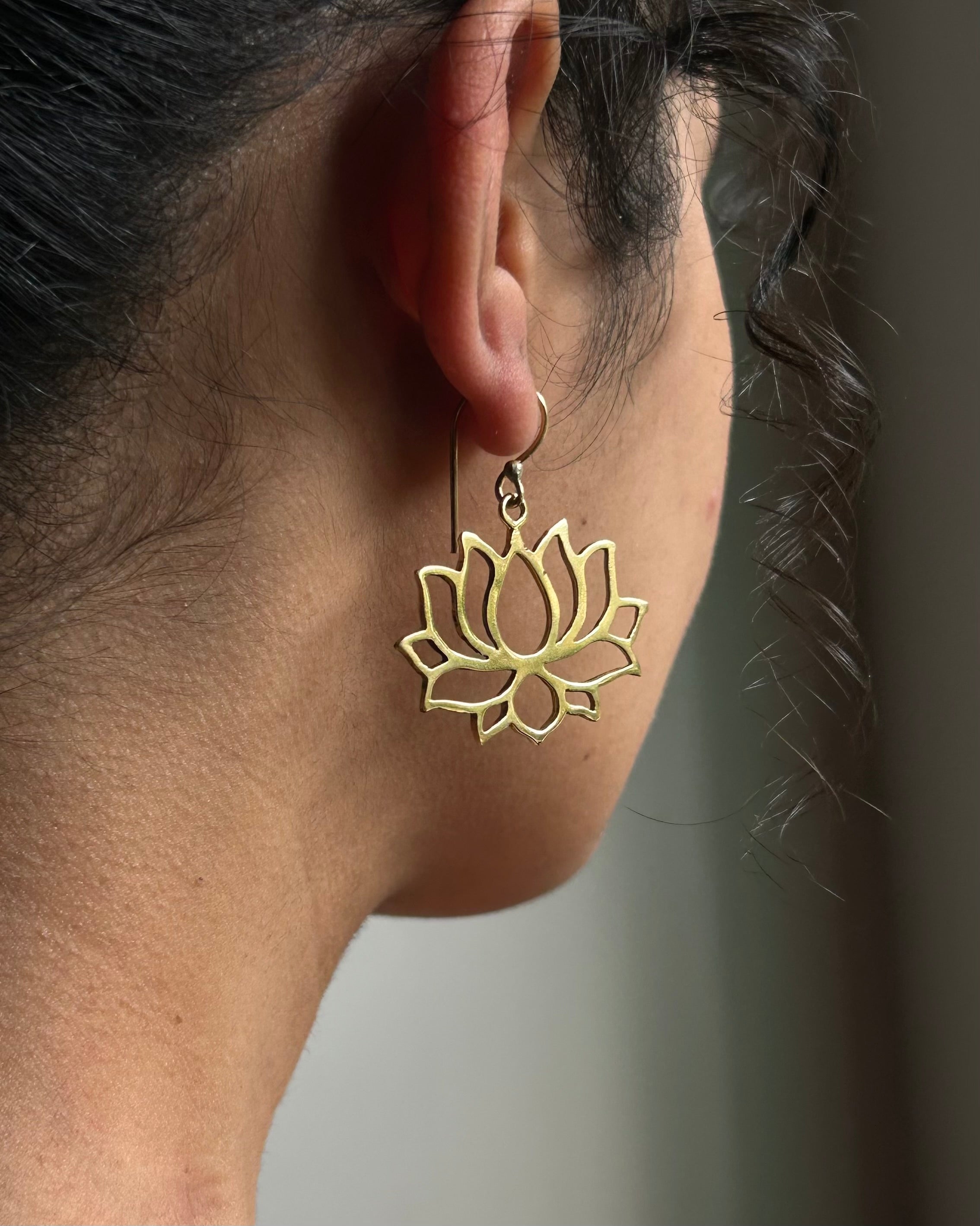 Brass earrings with unique lotus design handmade by A Creator's Studio