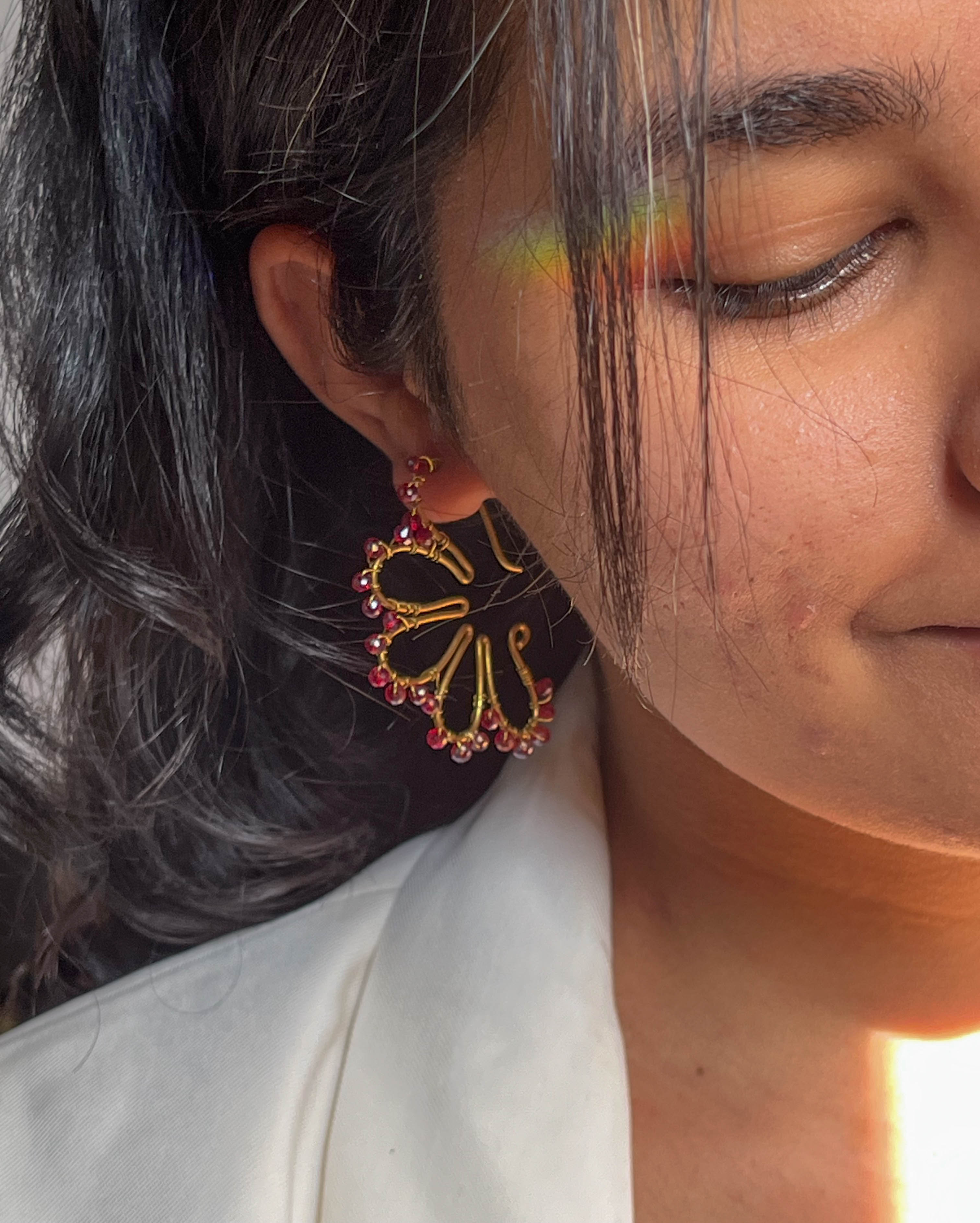 Brass flower earrings with red glass beads handmade by A Creator's Studio