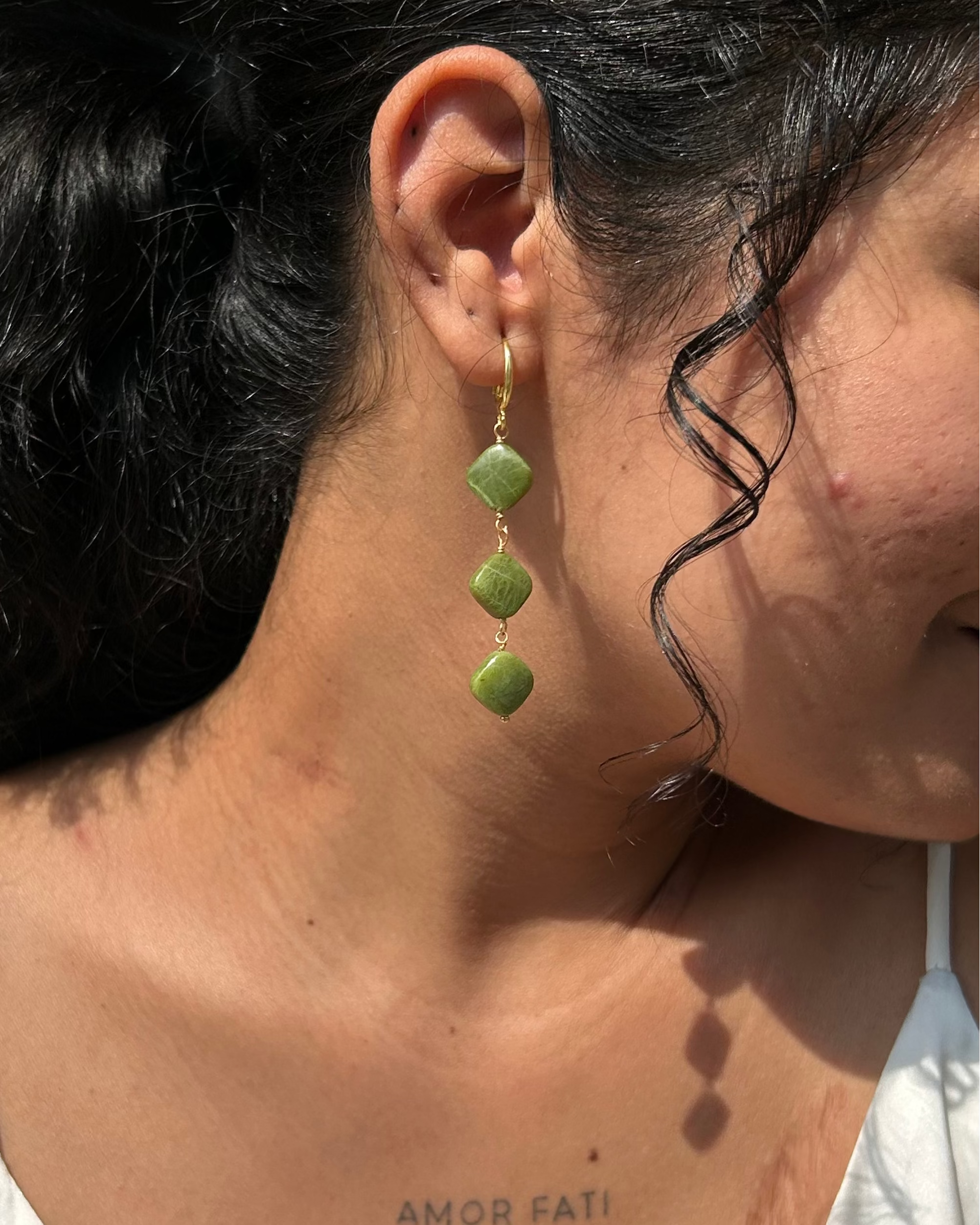 Gold Plated Jade stone Dangle Earrings handmade by A Creator's Studio