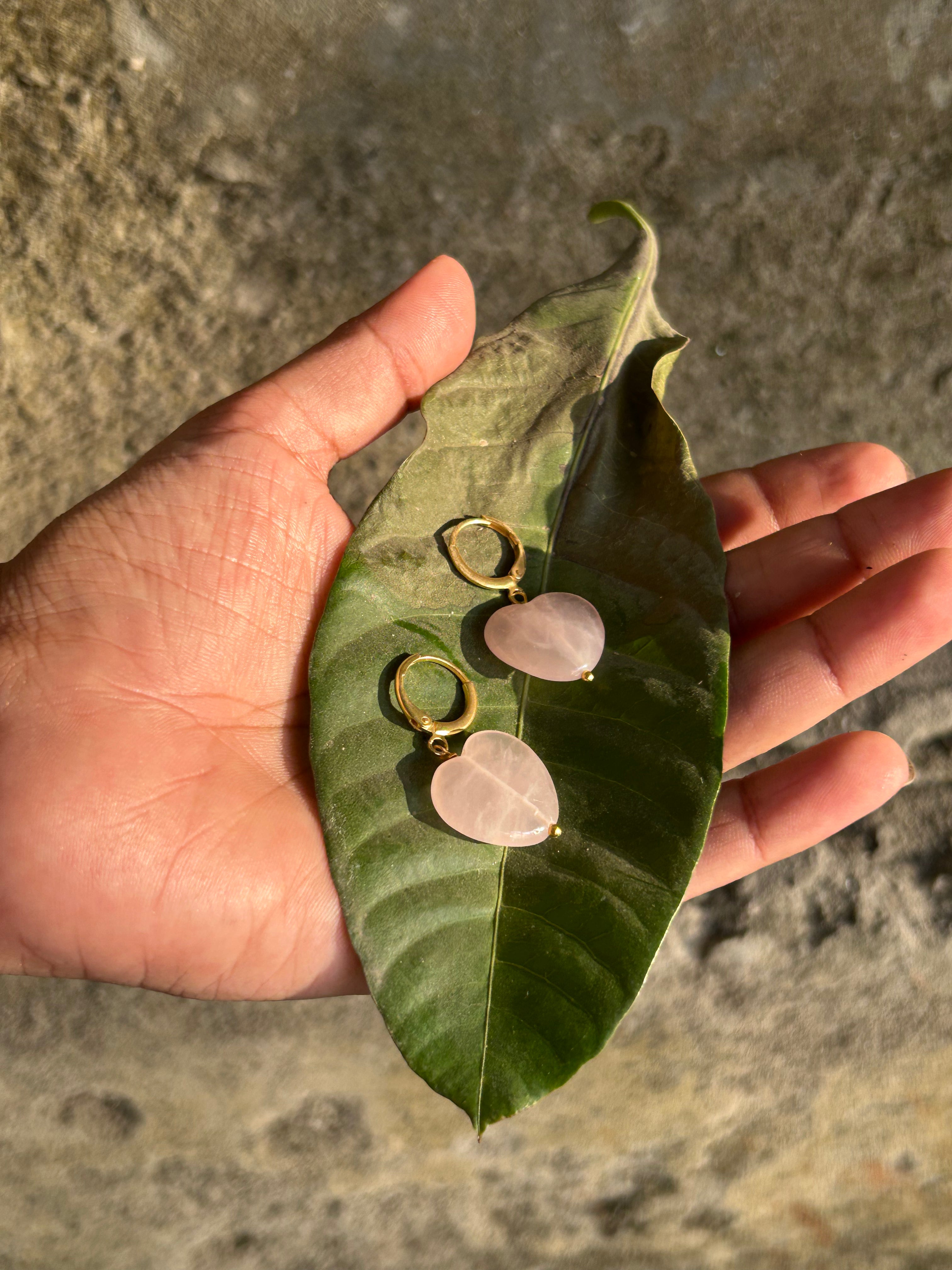 Gold Plated Hear shaped Rose Quartz drop earrings handmade by A Creator's Studio