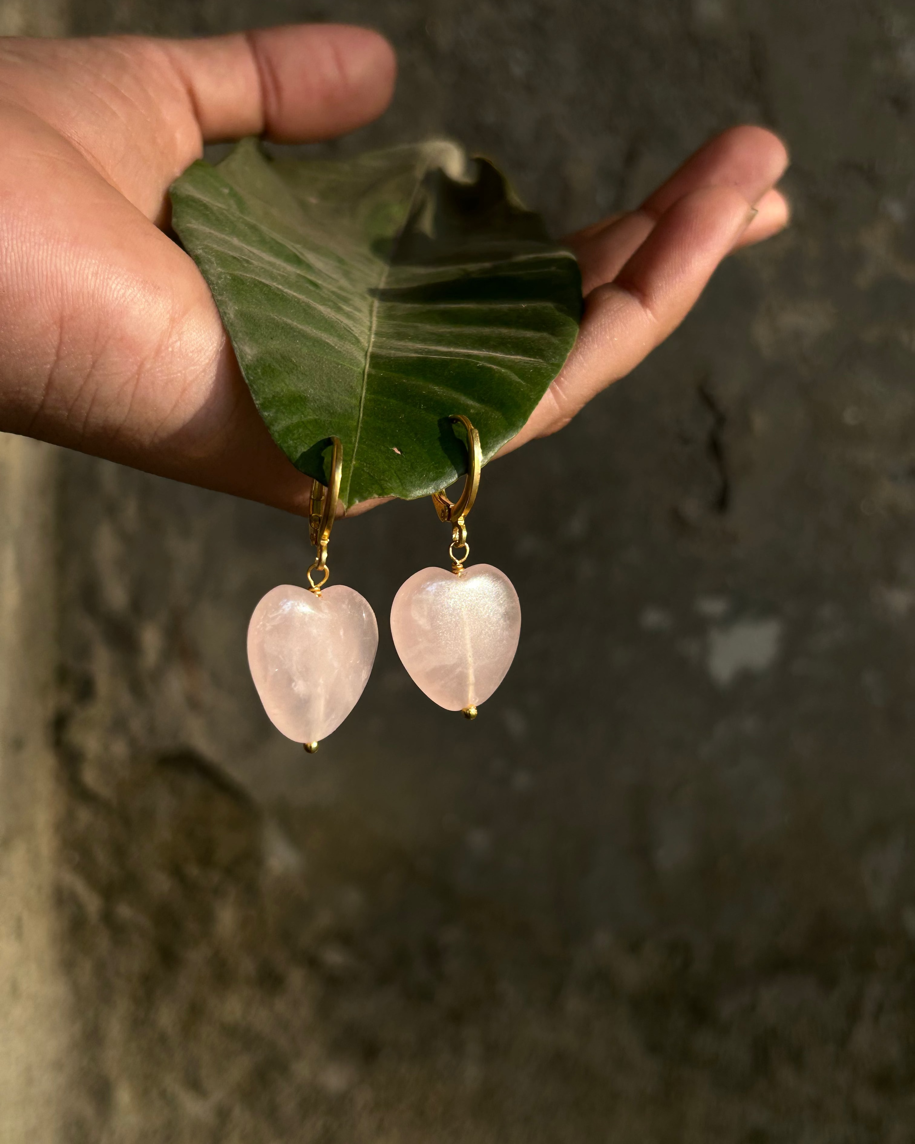 Gold Plated Heart shaped Rose Quartz drop earrings handmade by A Creator's Studio