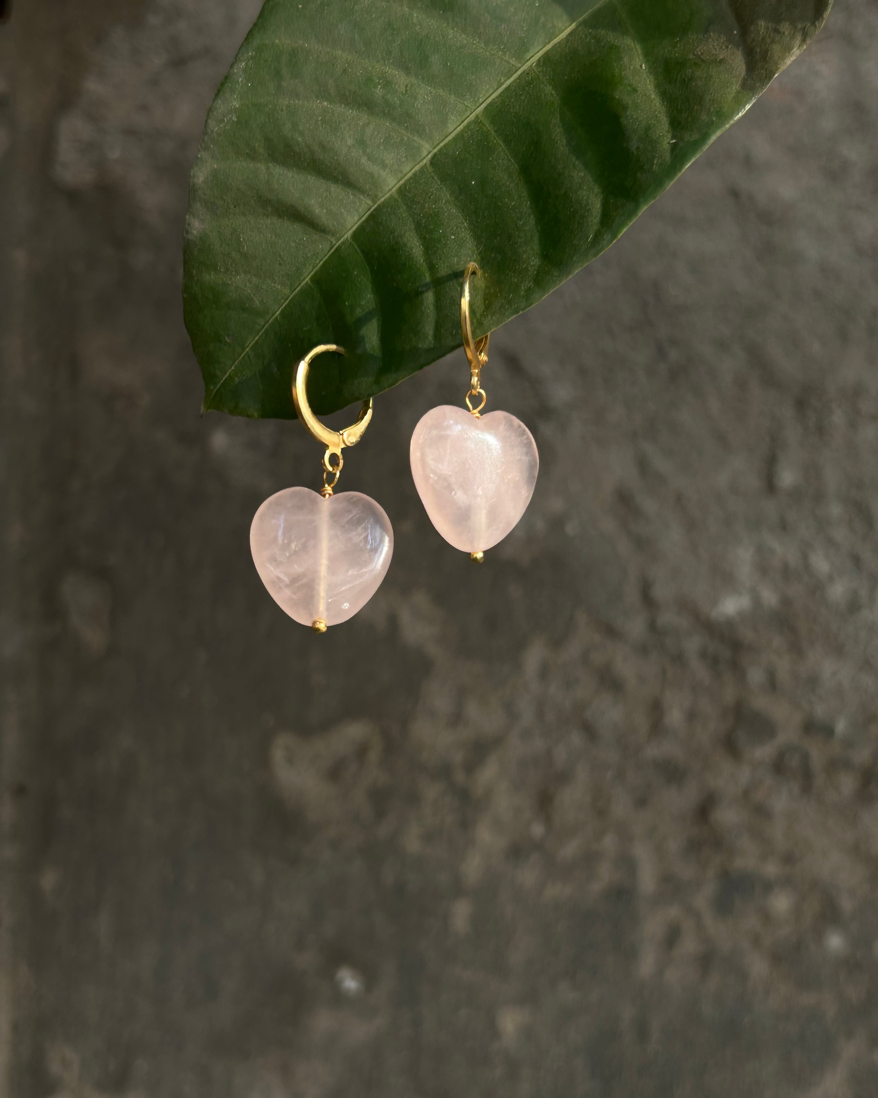 Gold Plated Hear shaped Rose Quartz drop earrings handmade by A Creator's Studio