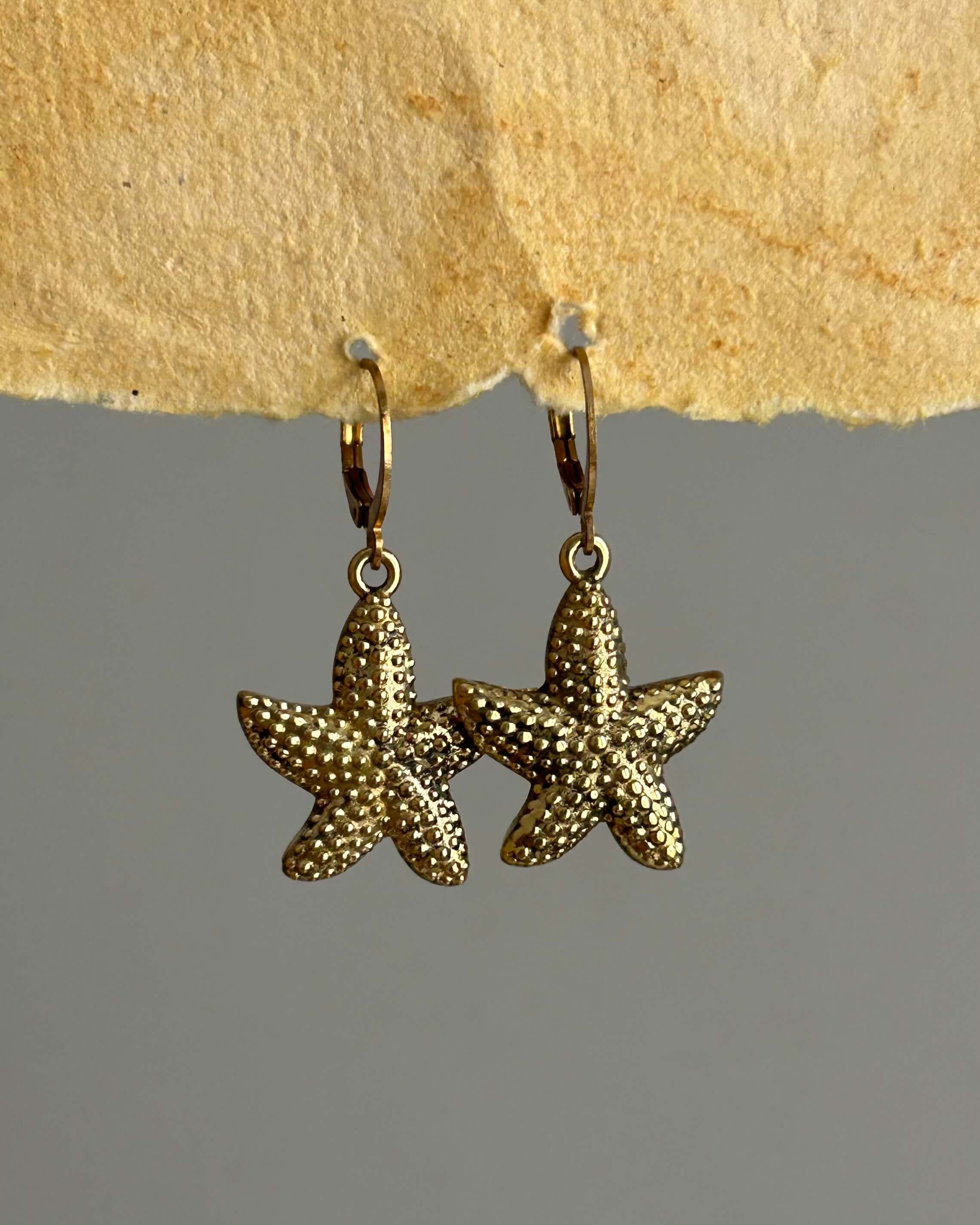 Brass earrings with unique sea star fish design handmade by A Creator's Studio