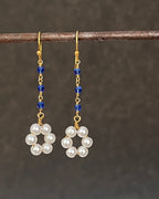 Pair of pearl and blue bead Brass earrings handmade by A Creator's Studio