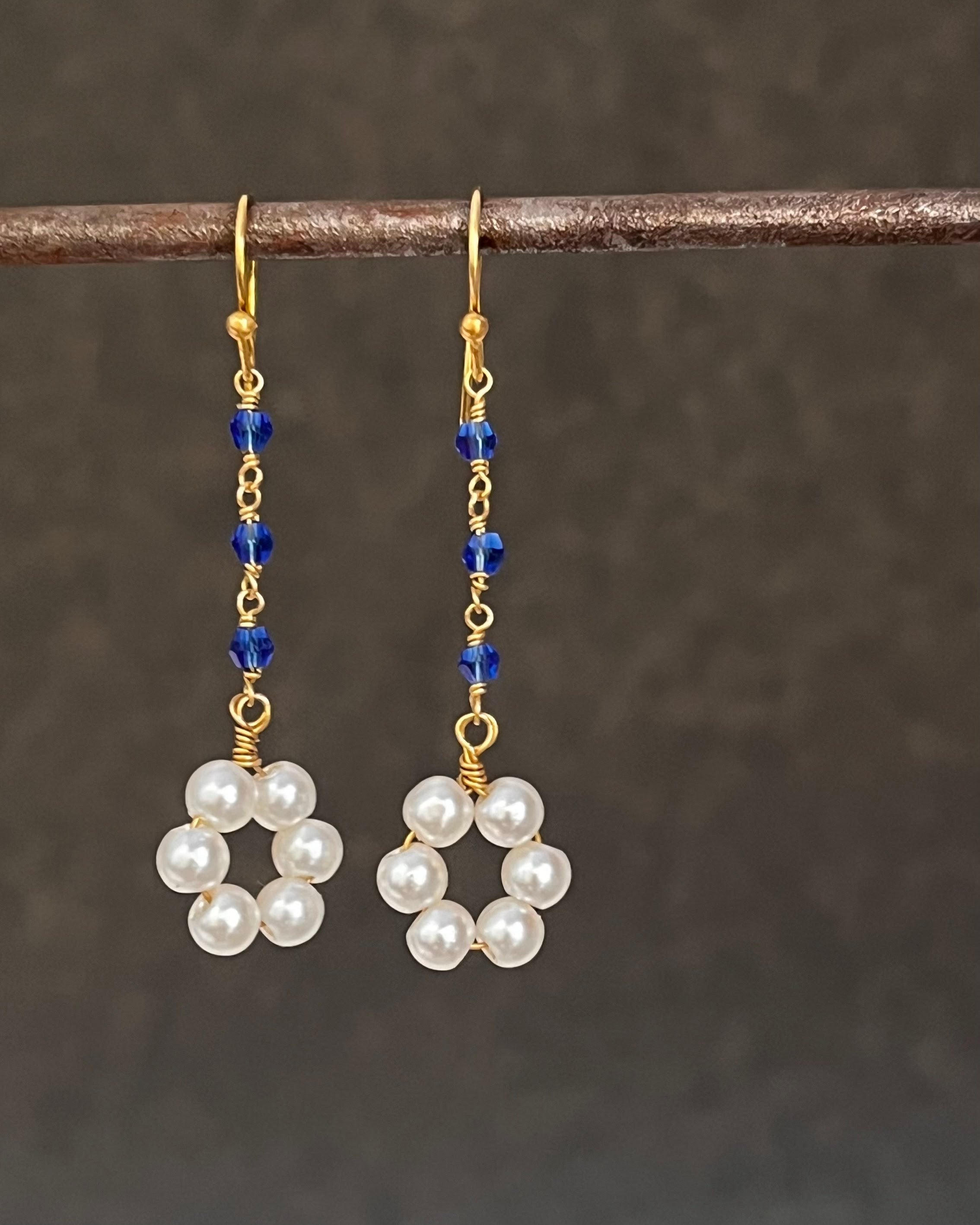 Pair of pearl and blue bead Brass earrings handmade by A Creator's Studio
