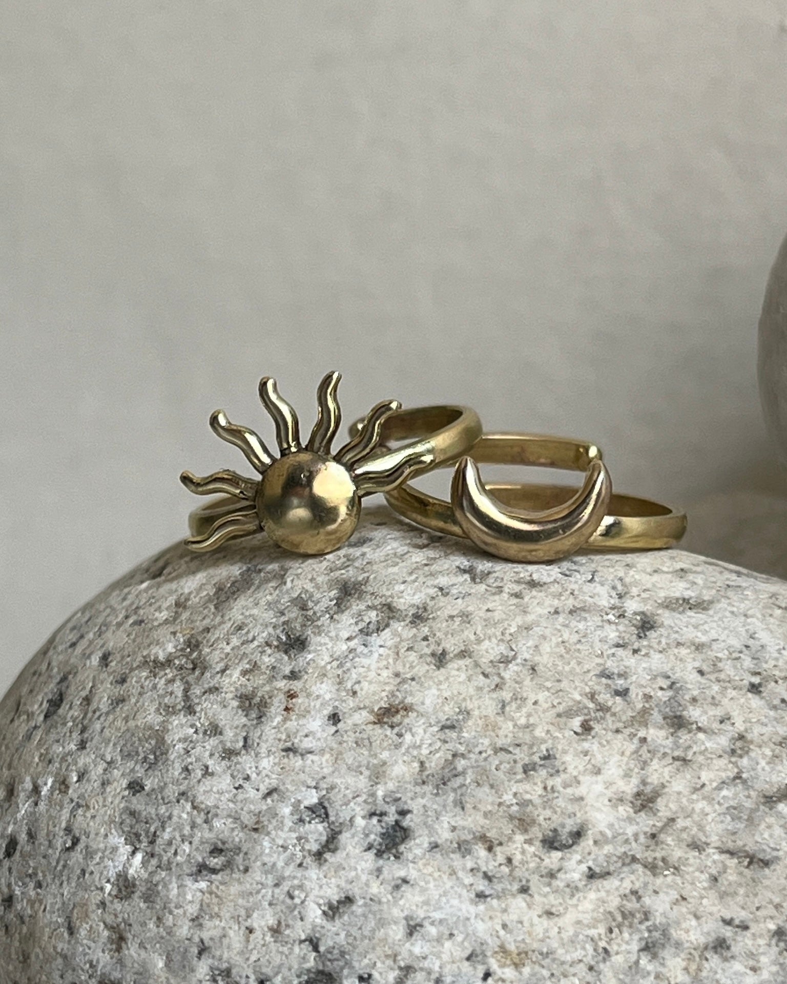 Brass ring with a unique sun and moon design handmade by A Creator's Studio