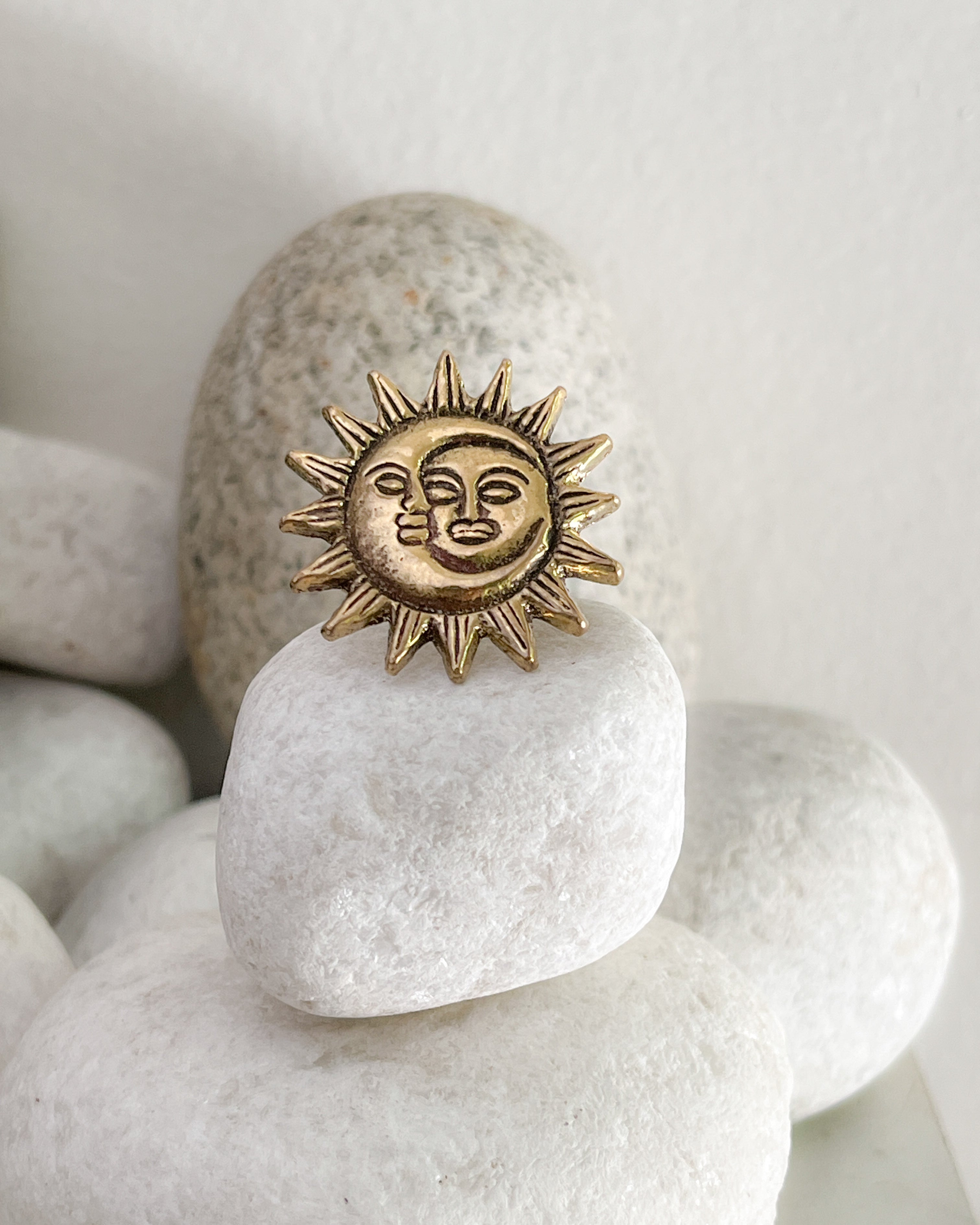 Brass ring with a unique sun and moon design handmade by A Creator's Studio