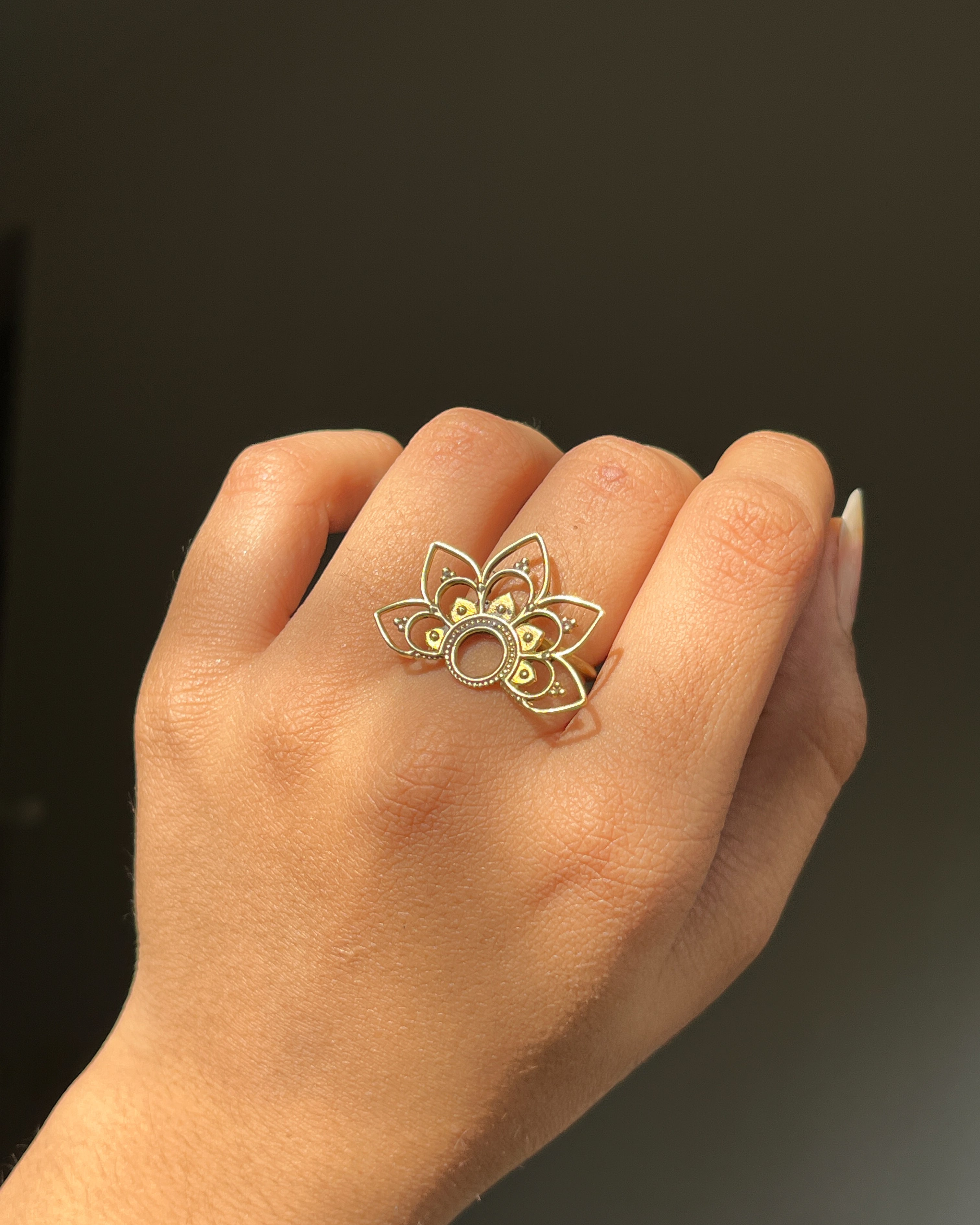 Brass ring with a unique mandala design handmade by A Creator's Studio