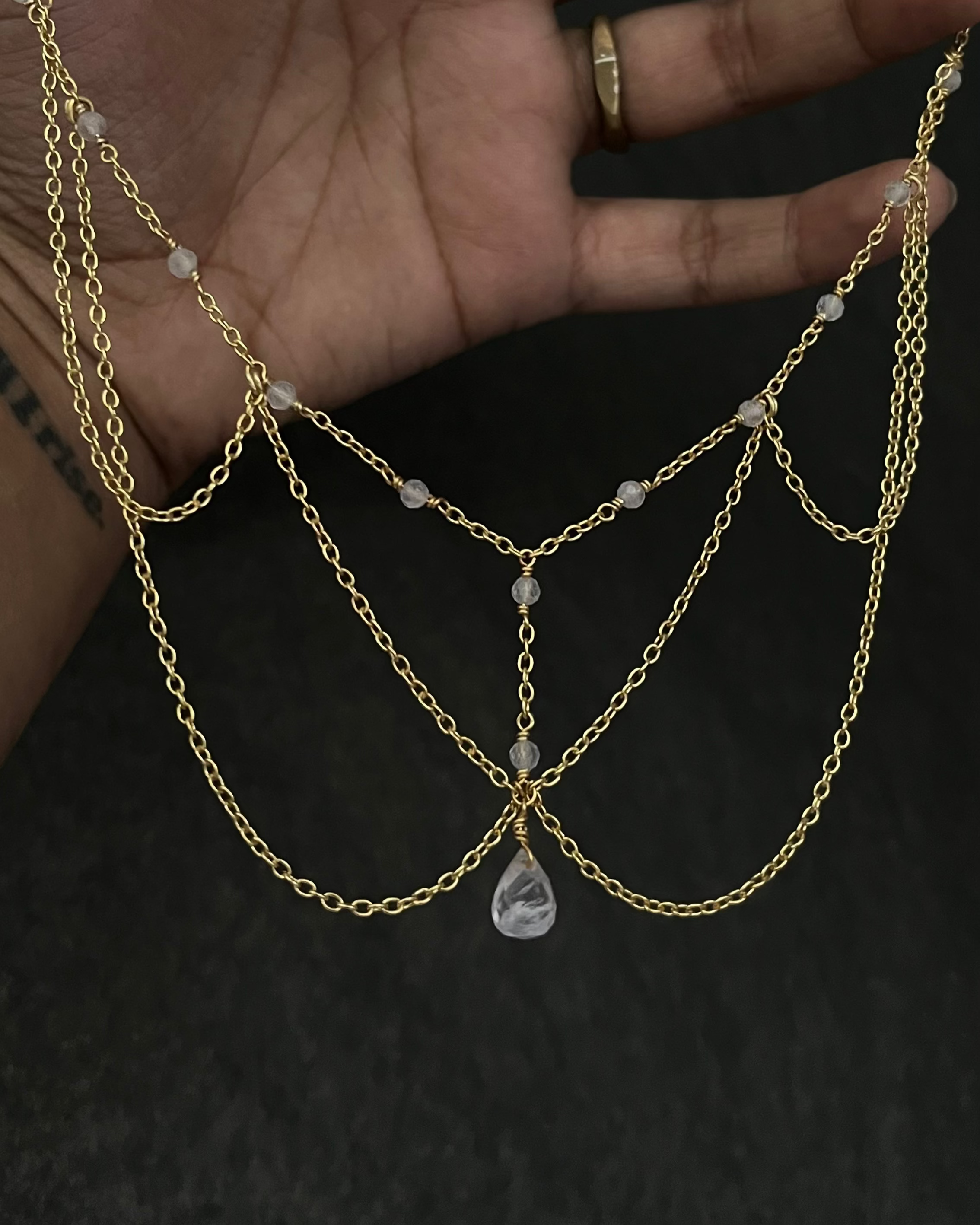 Gold Plated layered chain necklace with a teardrop crystal handmade by A Creator's Studio