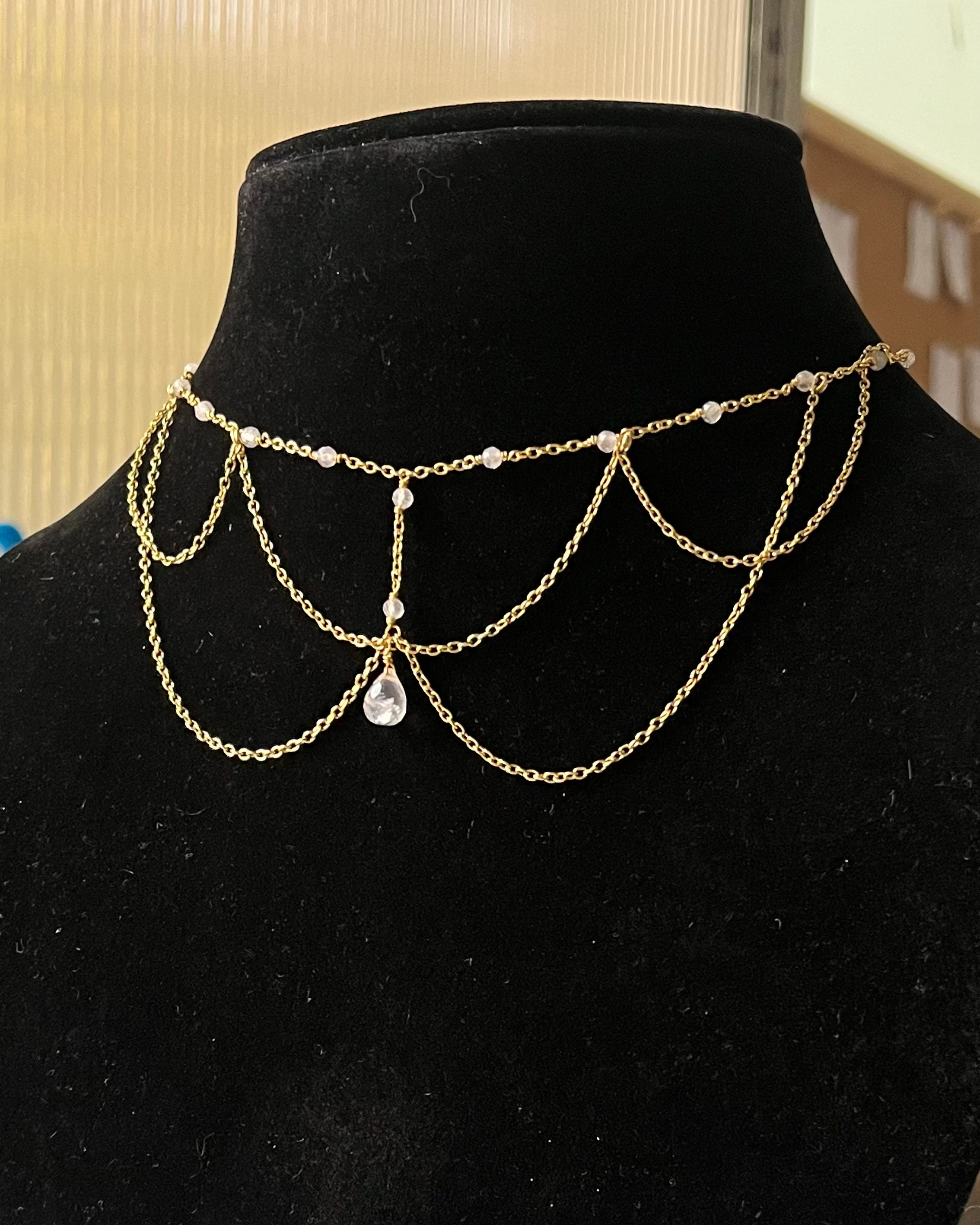 Gold Plated layered chain necklace with a teardrop crystal handmade by A Creator's Studio