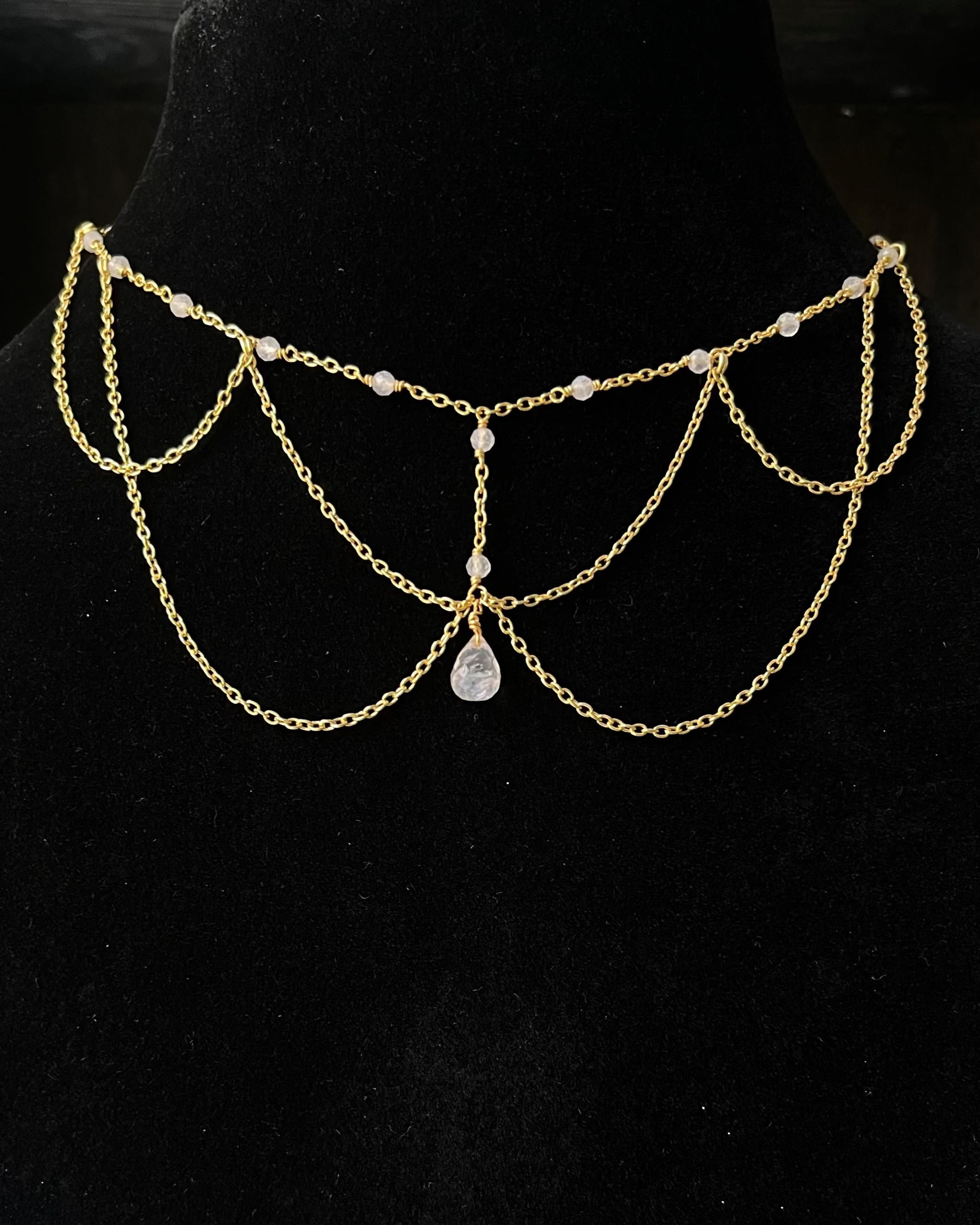 Gold Plated layered chain necklace with a teardrop crystal handmade by A Creator's Studio