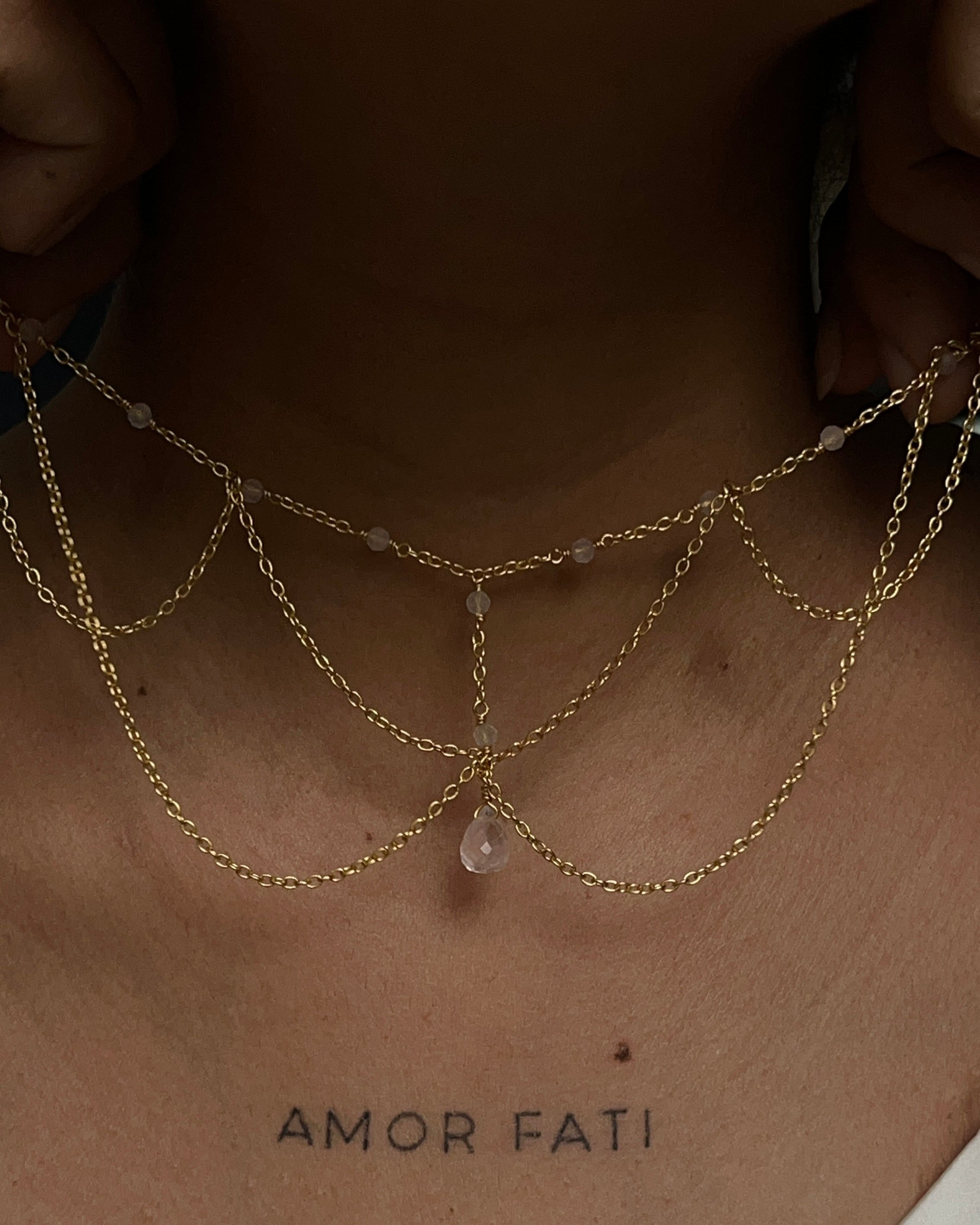 Gold Plated layered chain necklace with a teardrop crystal handmade by A Creator's Studio