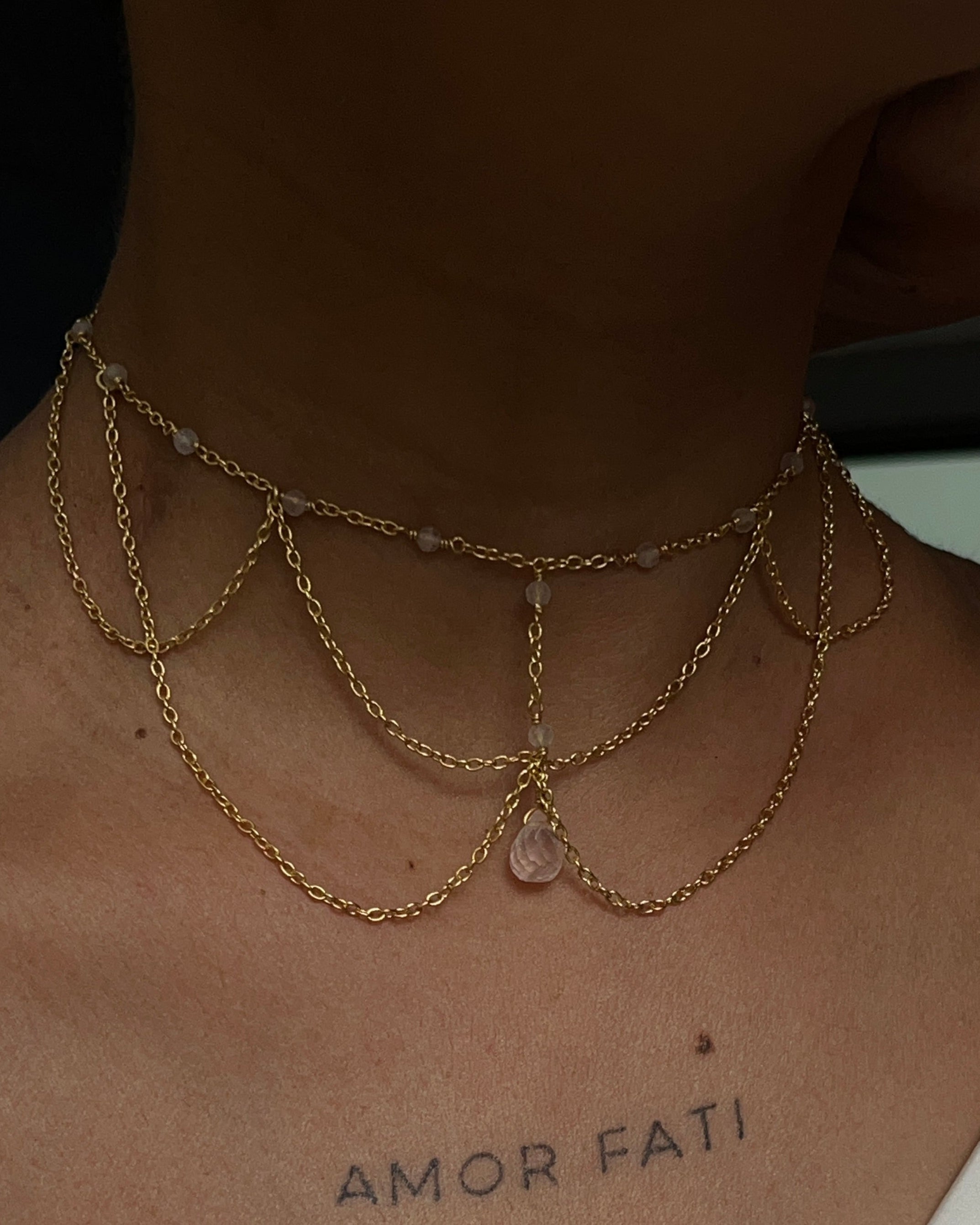 Gold Plated layered chain necklace with a teardrop crystal handmade by A Creator's Studio