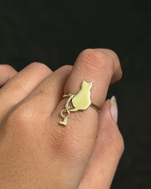 Brass ring with a cat design handmade by A Creator's Studio