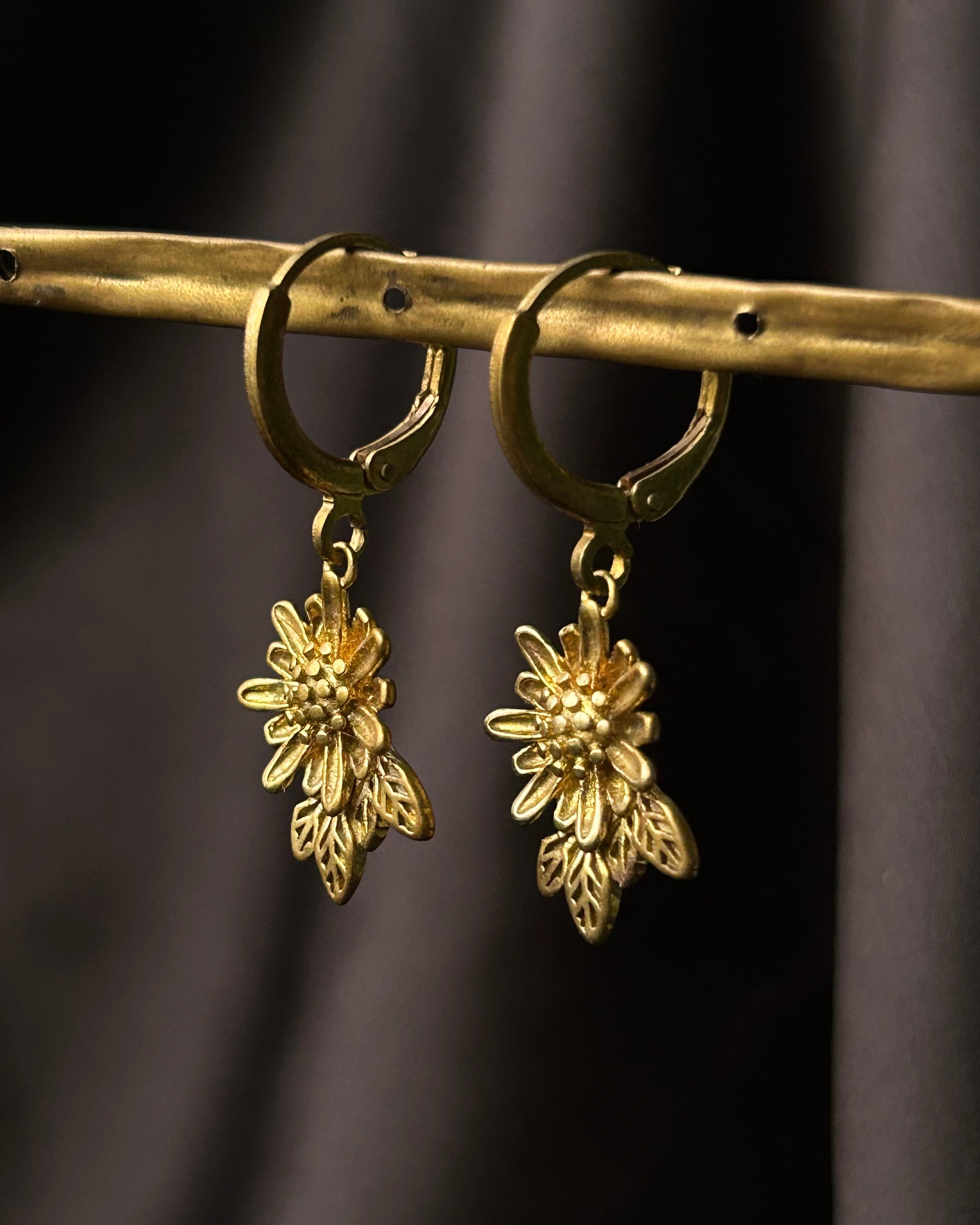 Brass earrings with unique sunflower design handmade by A Creator's Studio