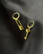 Brass earrings with unique lock and key design handmade by A Creator's Studio