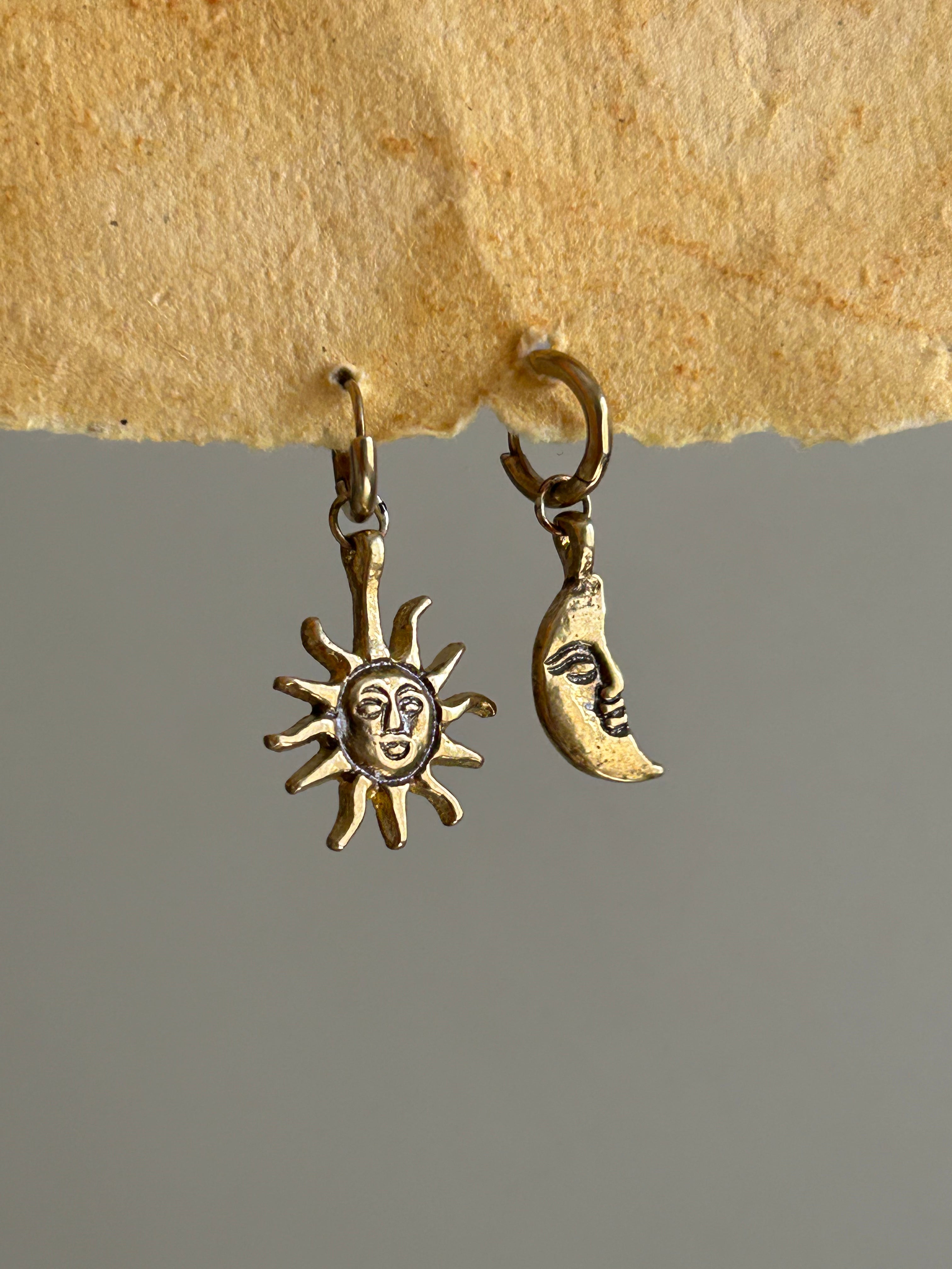 Brass sun and moon earrings handmade by A Creator's Studio