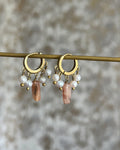 Brass earrings with unique pearl and sunstone design handmade by A Creator's Studio