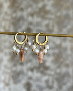 Brass earrings with unique pearl and sunstone design handmade by A Creator's Studio