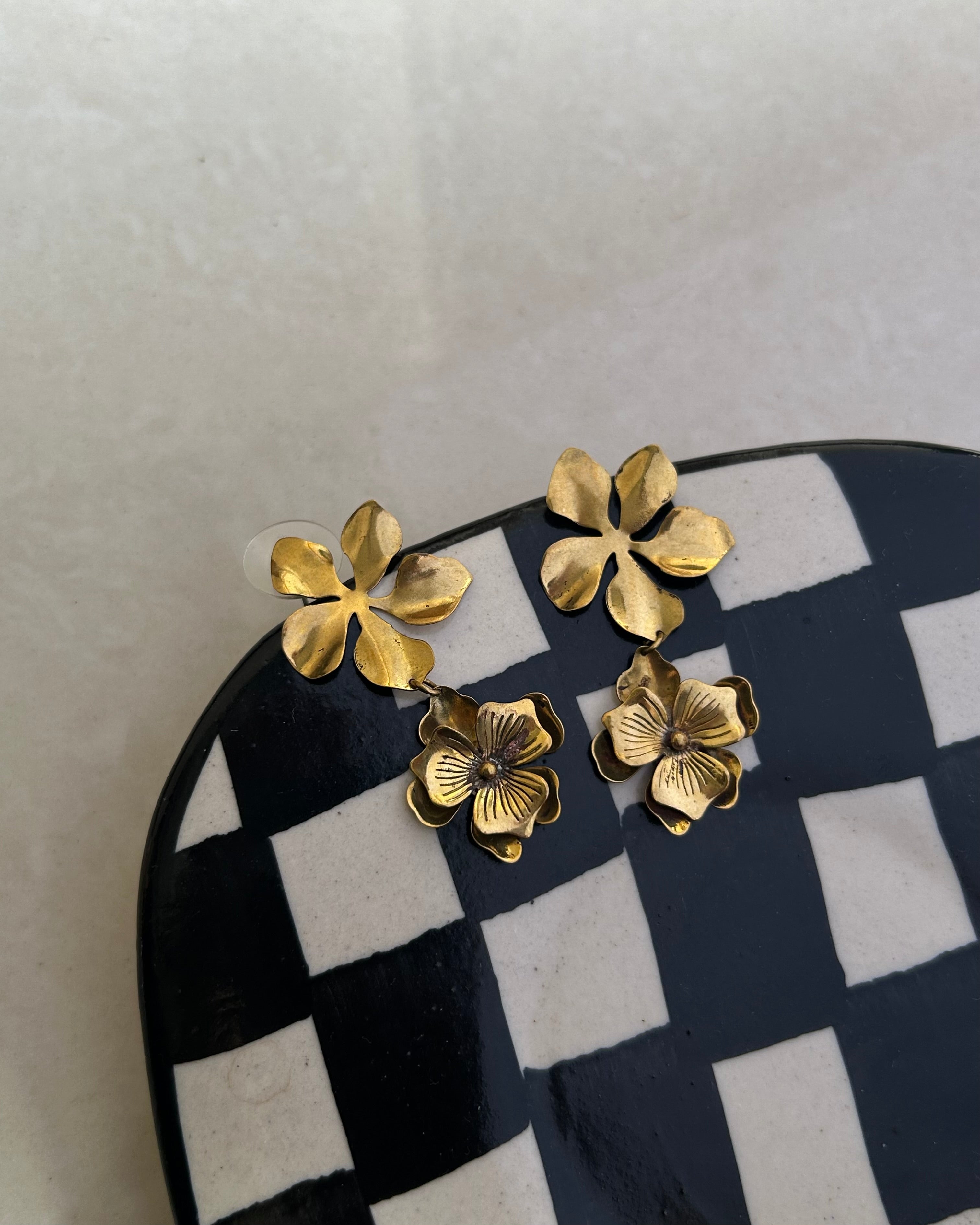 Brass earrings with unique flowers design handmade by A Creator's Studio