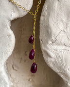 Gold Plated necklace with three teardrop shaped rubies handmade by A Creator's Studio