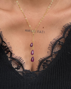 Gold Plated necklace with three teardrop shaped rubies handmade by A Creator's Studio