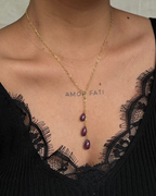 Gold Plated necklace with three teardrop shaped rubies handmade by A Creator's Studio