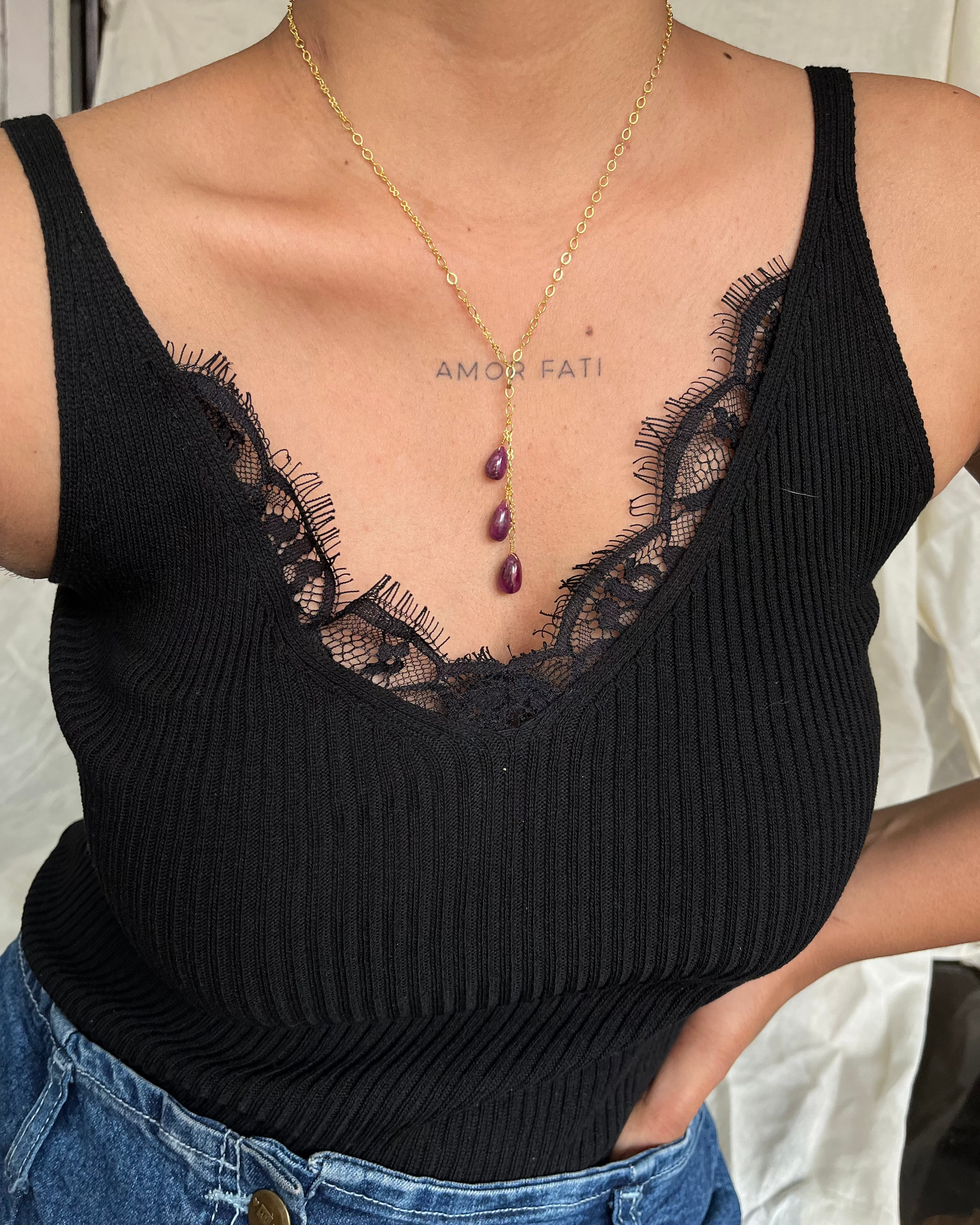 Gold Plated necklace with three teardrop shaped rubies handmade by A Creator's Studio