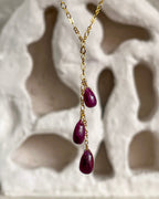 Gold Plated necklace with three teardrop shaped rubies handmade by A Creator's Studio