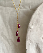 Gold Plated necklace with three teardrop shaped rubies handmade by A Creator's Studio