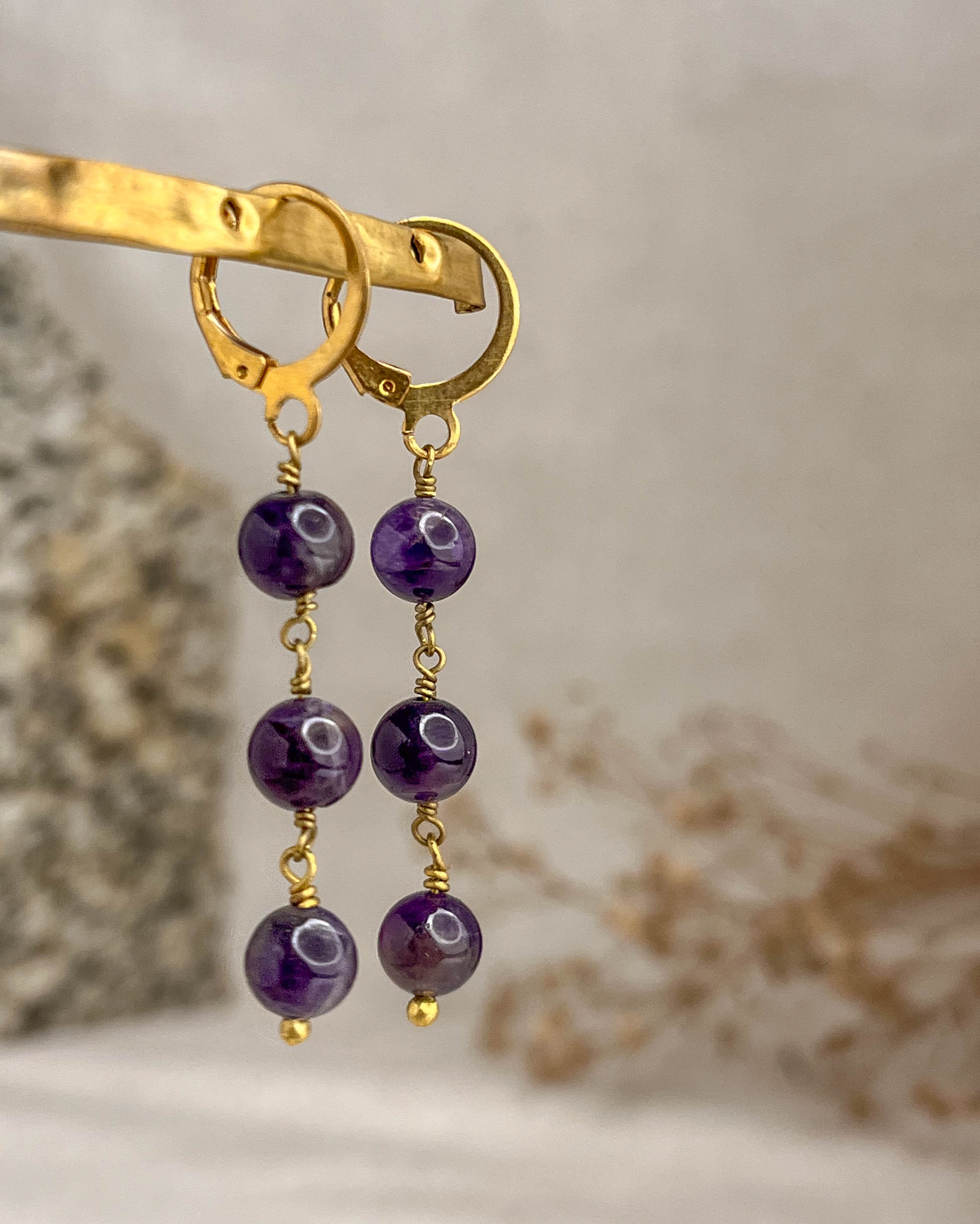 Brass earrings with purple amethyst crystal beadds handmade by A Creator's Studio